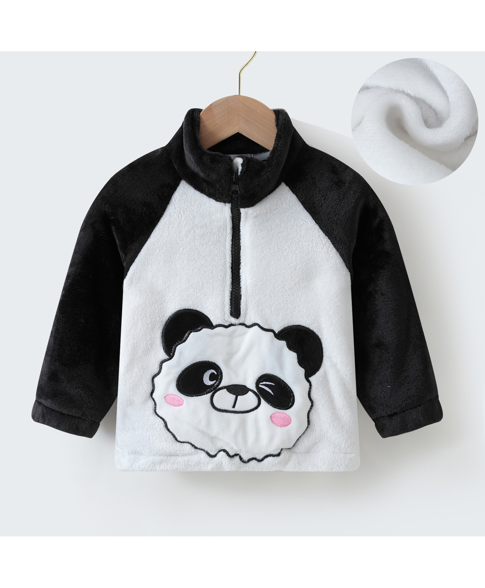 Kookie Kids Full Raglan Sleeves High Neck Fur Winter Jacket with Panda Patch Detailing - Black & White-image-12