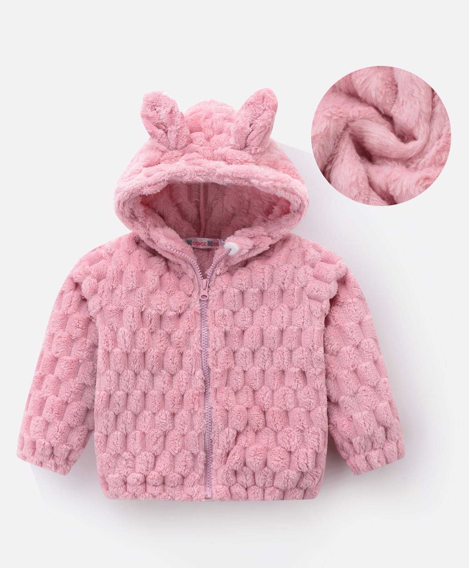 Kookie Kids Full Sleeves Front Open Hooded Fur Jacket With Quilted Design & Ears Applique - Pink-image-45