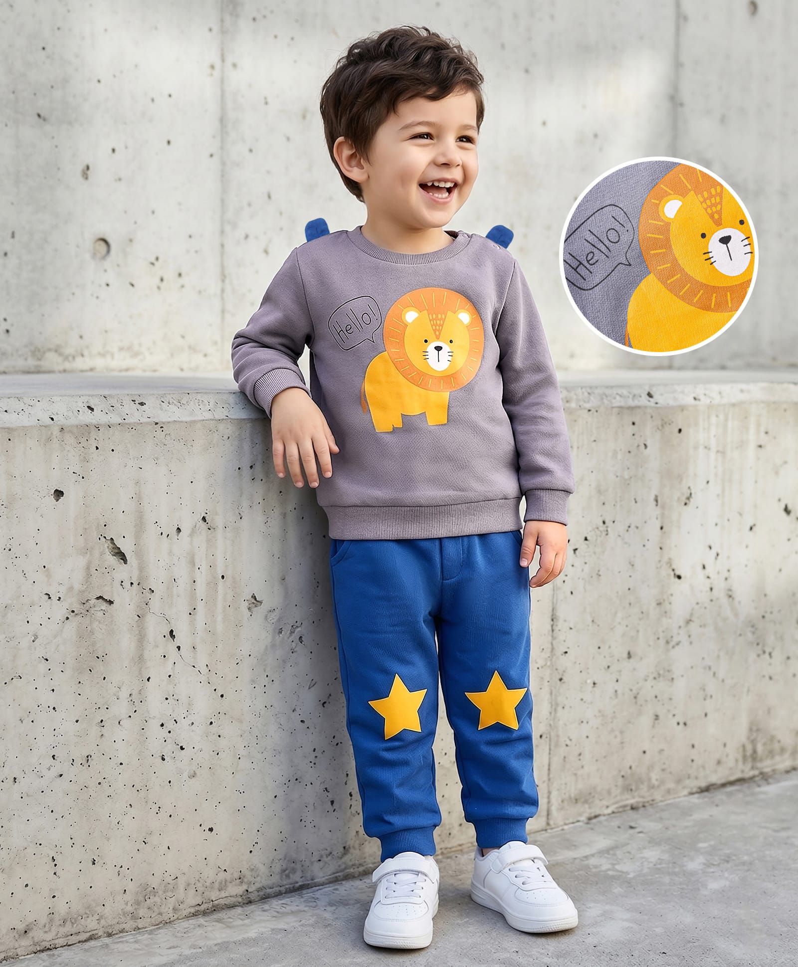 Kookie Kids Fleece Knit  Full Sleeves Winter Wear Suits With Lion Print & Spikes Detailing - Navy Blue & Grey-image-49