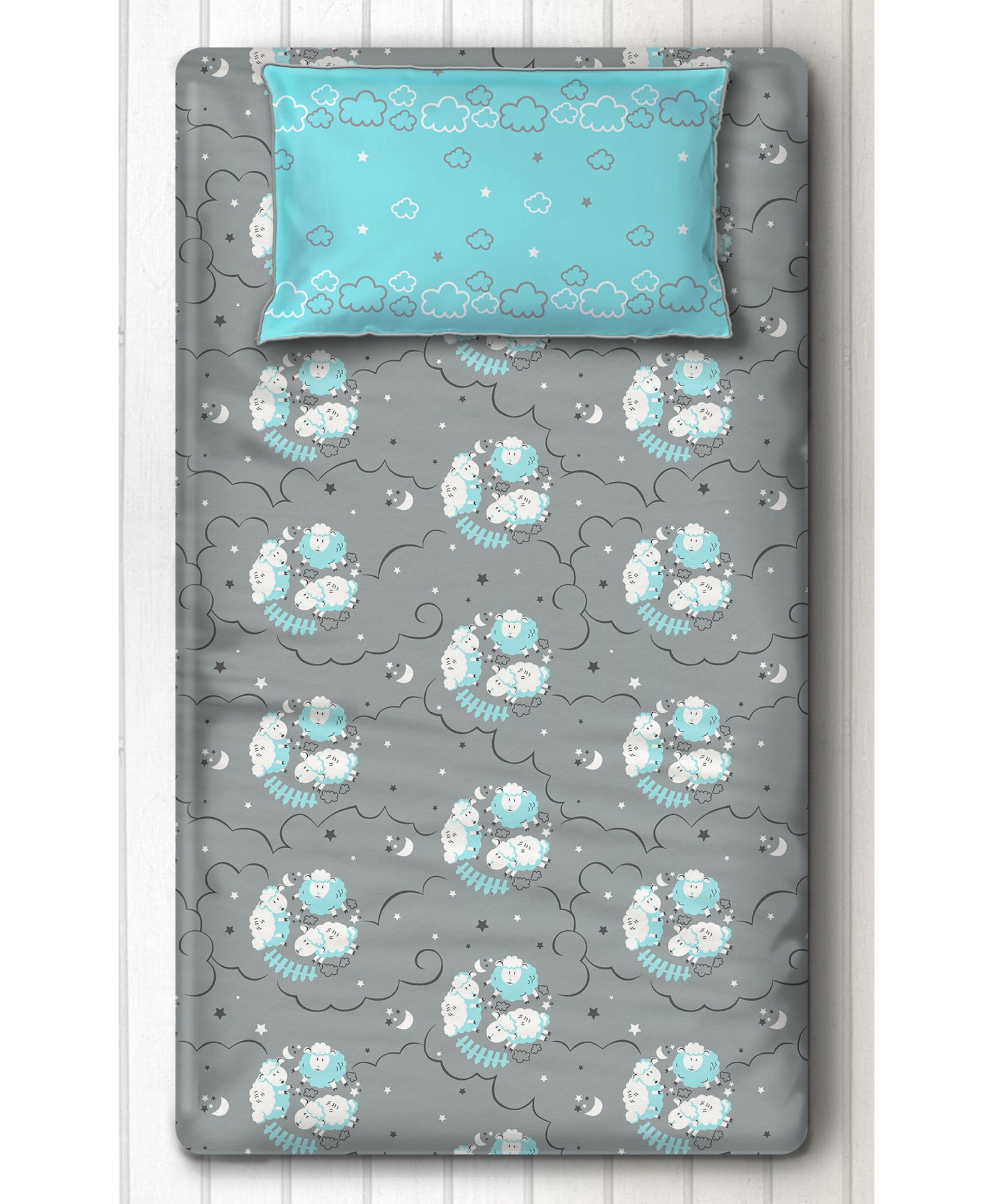 Silverlinen Single Bedsheet With One Pillow Cover Sheep Print - Grey Green-image-24