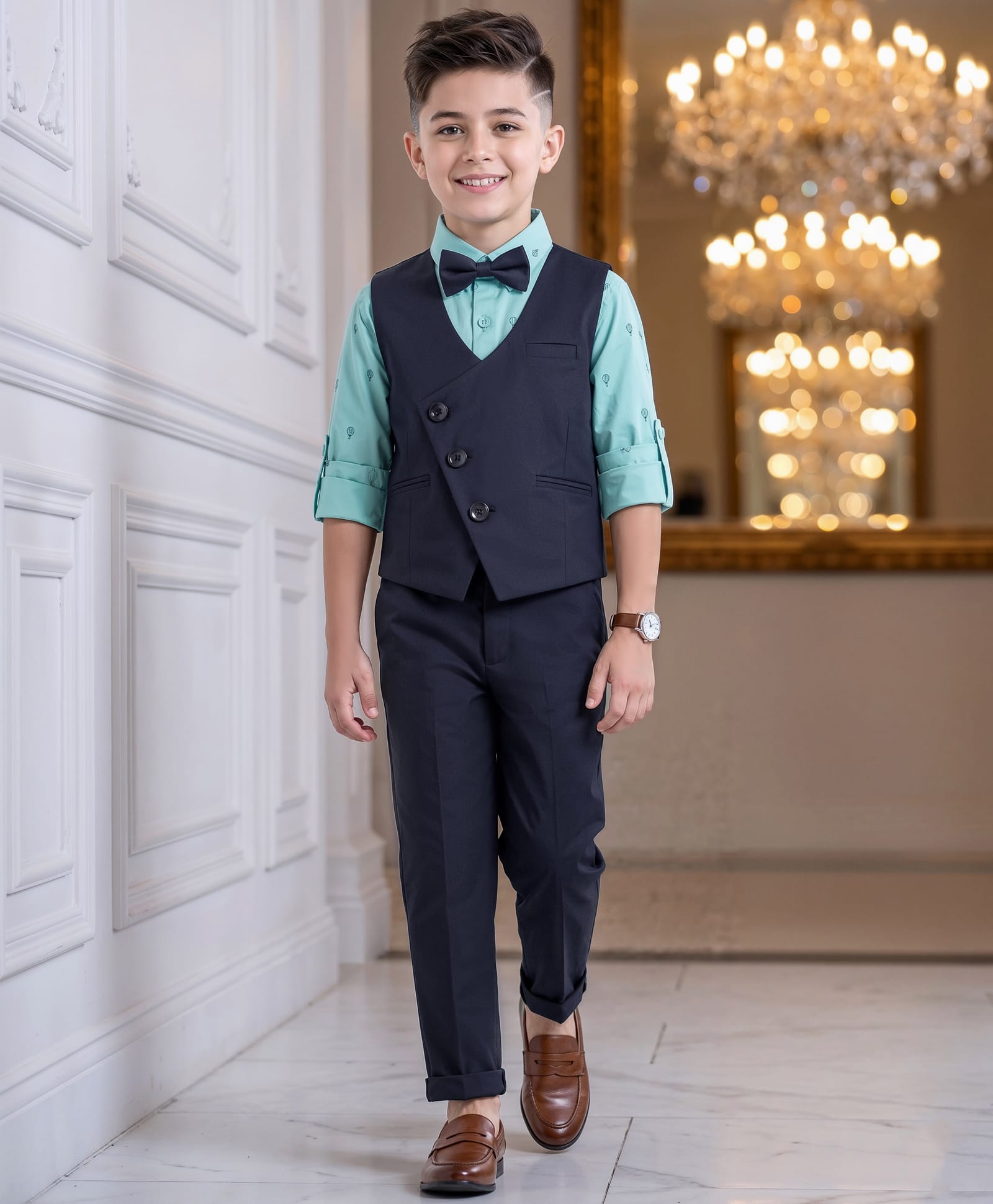 Robo Fry Woven Full Sleeves Solid Color 3 Piece Party Suit With Bow - Navy Blue-image-39