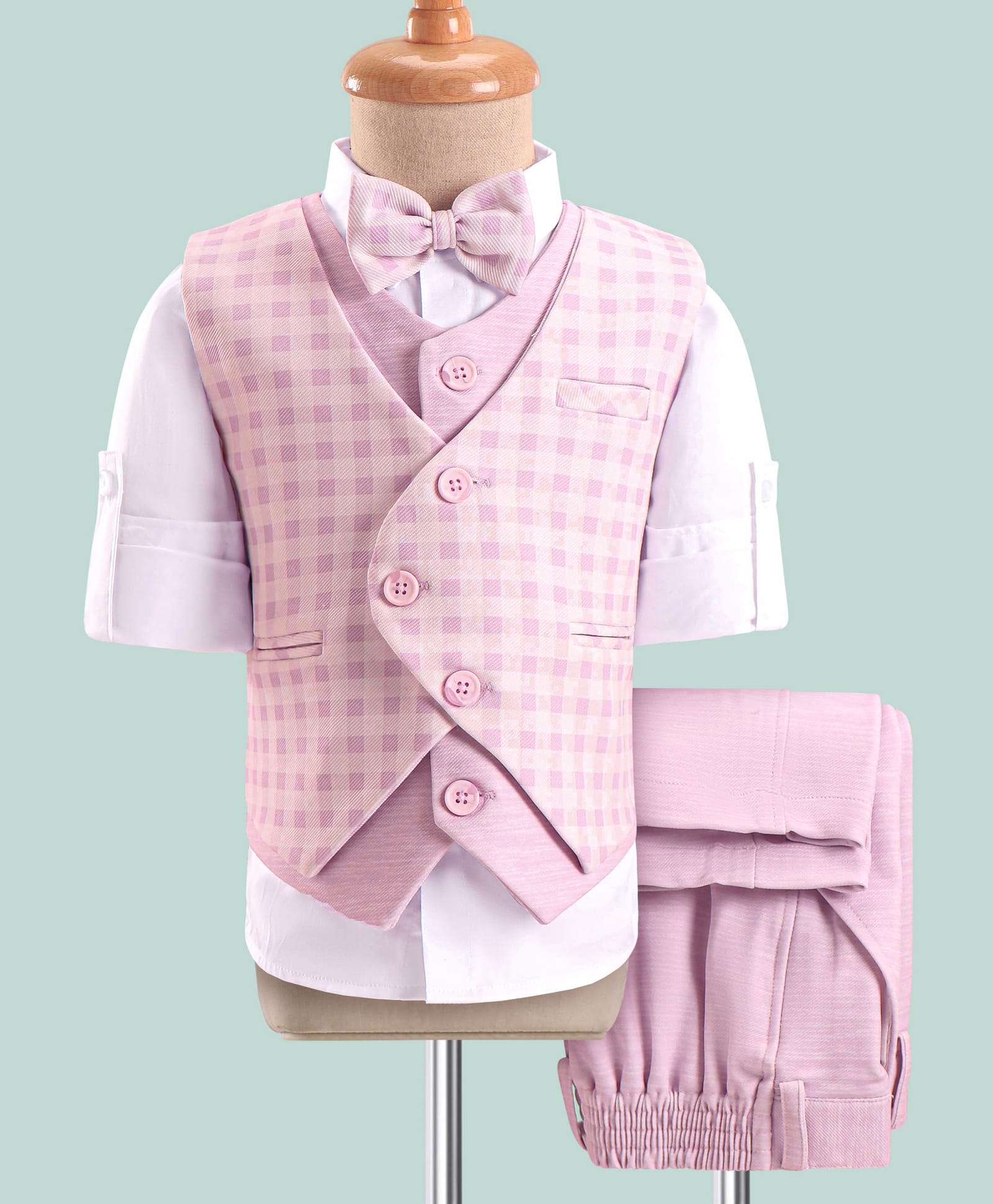 Robo Fry Full Sleeves Checks 3 Pieces Party Suit with Bow - Light Pink-image-27