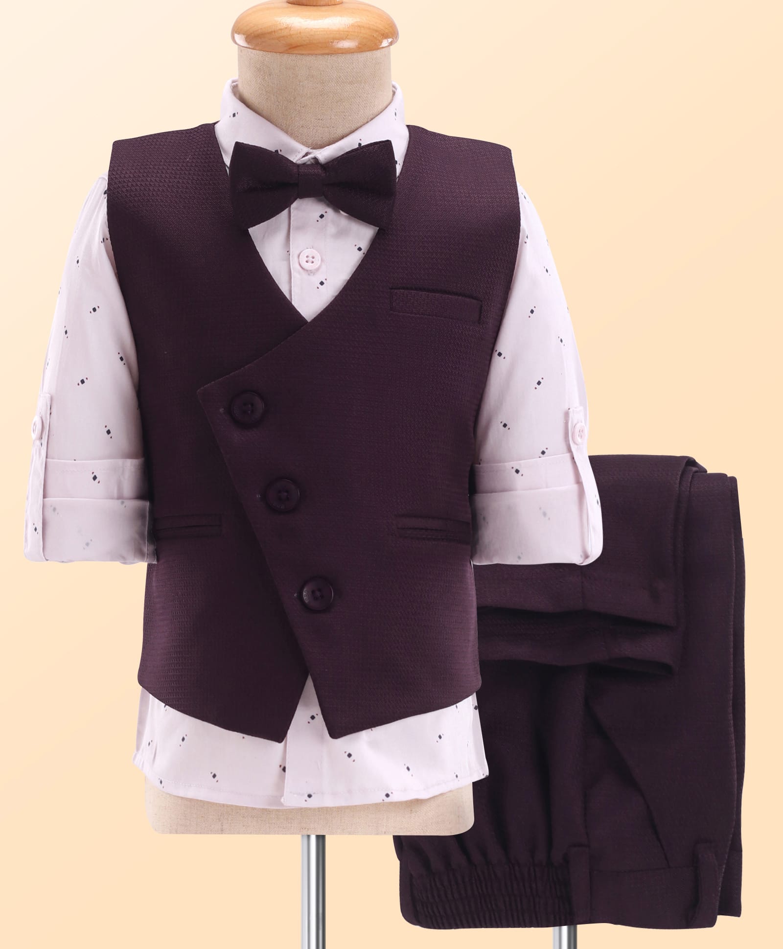 Robo Fry Woven Full Sleeves Textured 3 Piece Party Suit With Bow - Maroon-picture-14