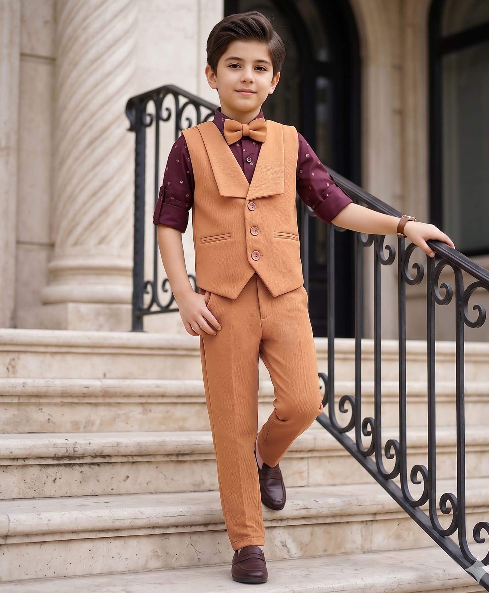 Robo Fry Woven Full Sleeves Printed 3 Piece Party Suit With Bow - Gold-picture-46