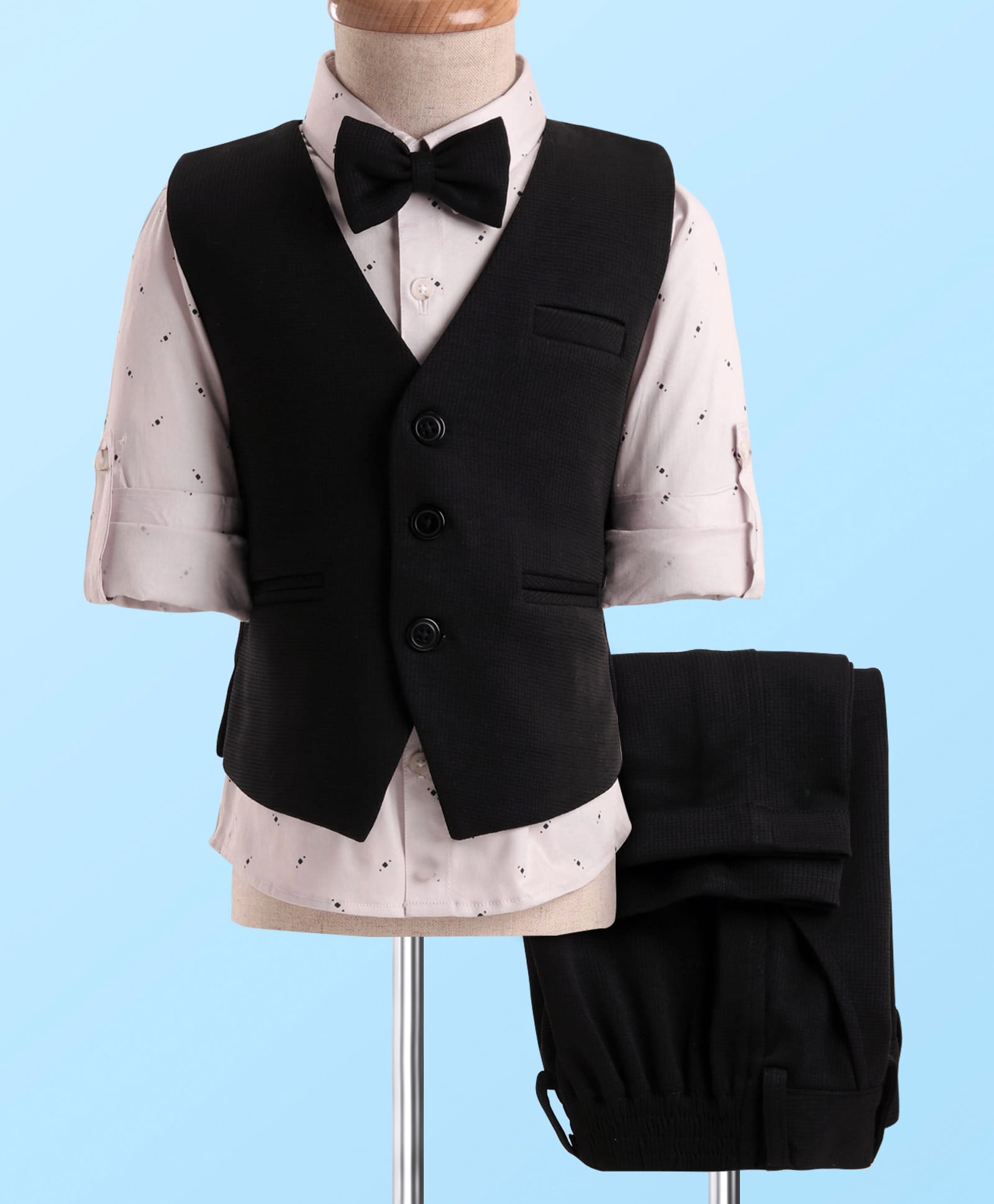 Robo Fry Woven Full SleevesTextured 3 Piece Party Suit With Bow - Black & Pink-picture-20
