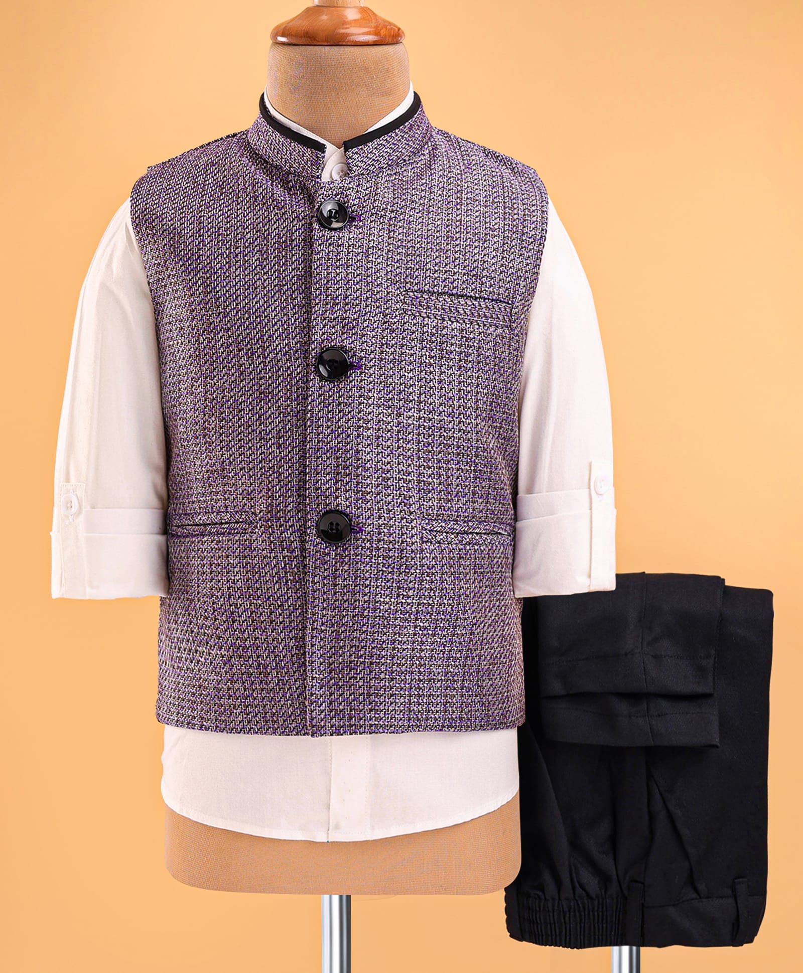 Robo Fry Jute Woven Full Sleeves Shirt & Trouser Set with Textured Jacket - Purple & White-image-41