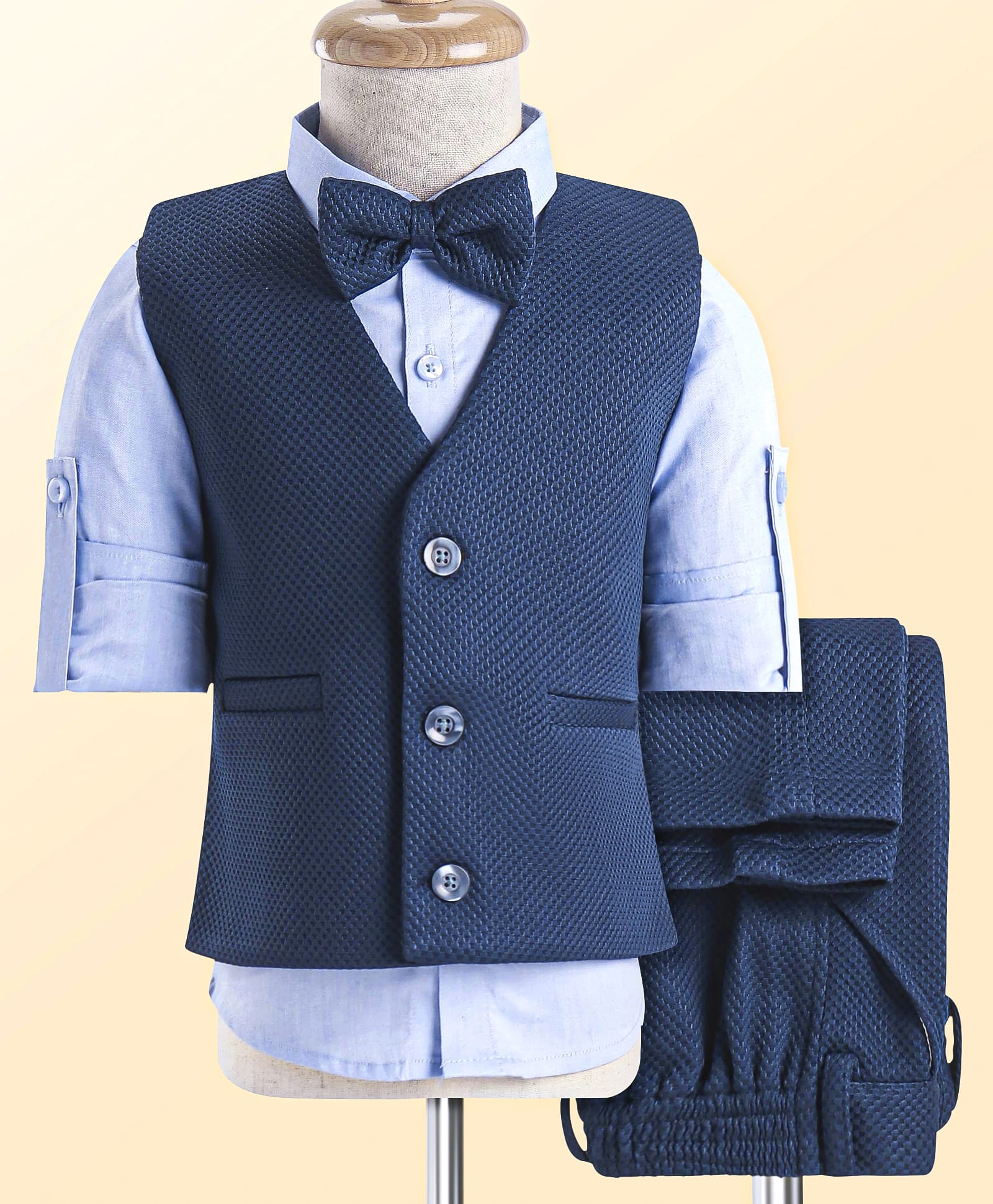 Robo Fry Woven Full Sleeves Textured 3 Piece Party Suit With Bow - Navy Blue & Light Blue-picture-27