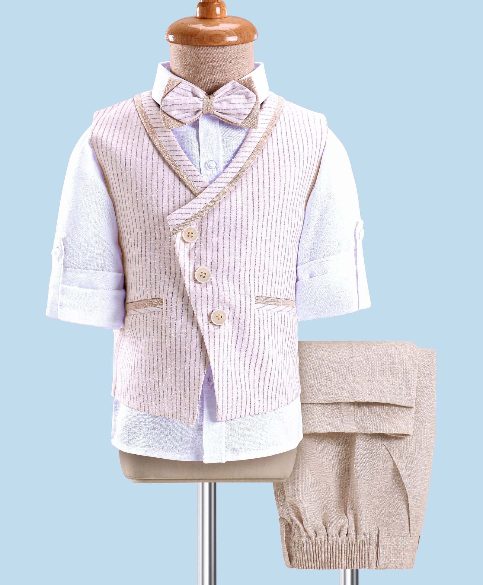 Robo Fry Full Sleeves Striped 3 Pieces Party Suit with Bow - White & Beige-picture-10