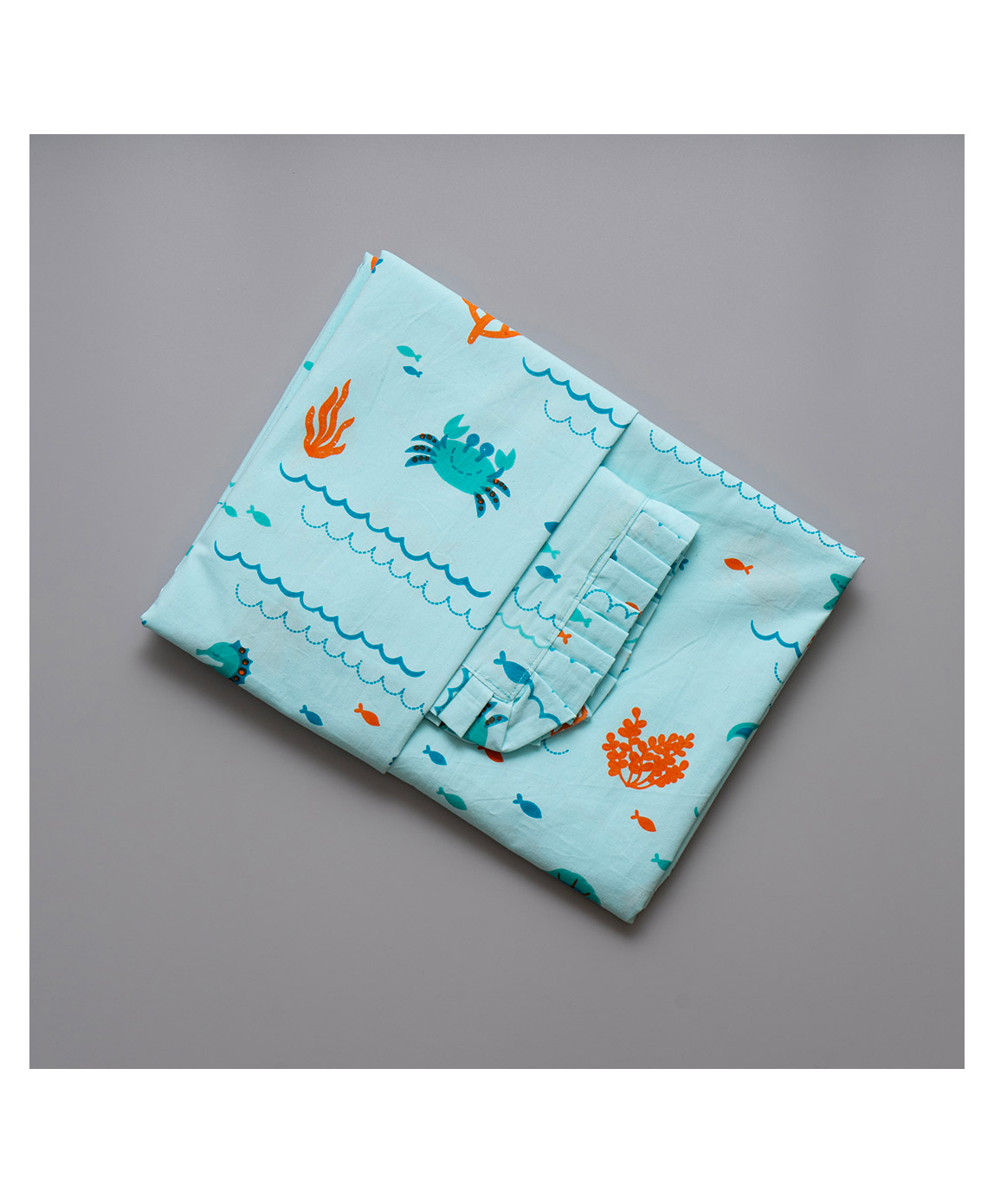 Gudgoodie 100% Cotton Percale Flat Cot Bedsheet with Pillow Cover Undersea Oasis  - Blue-image-24