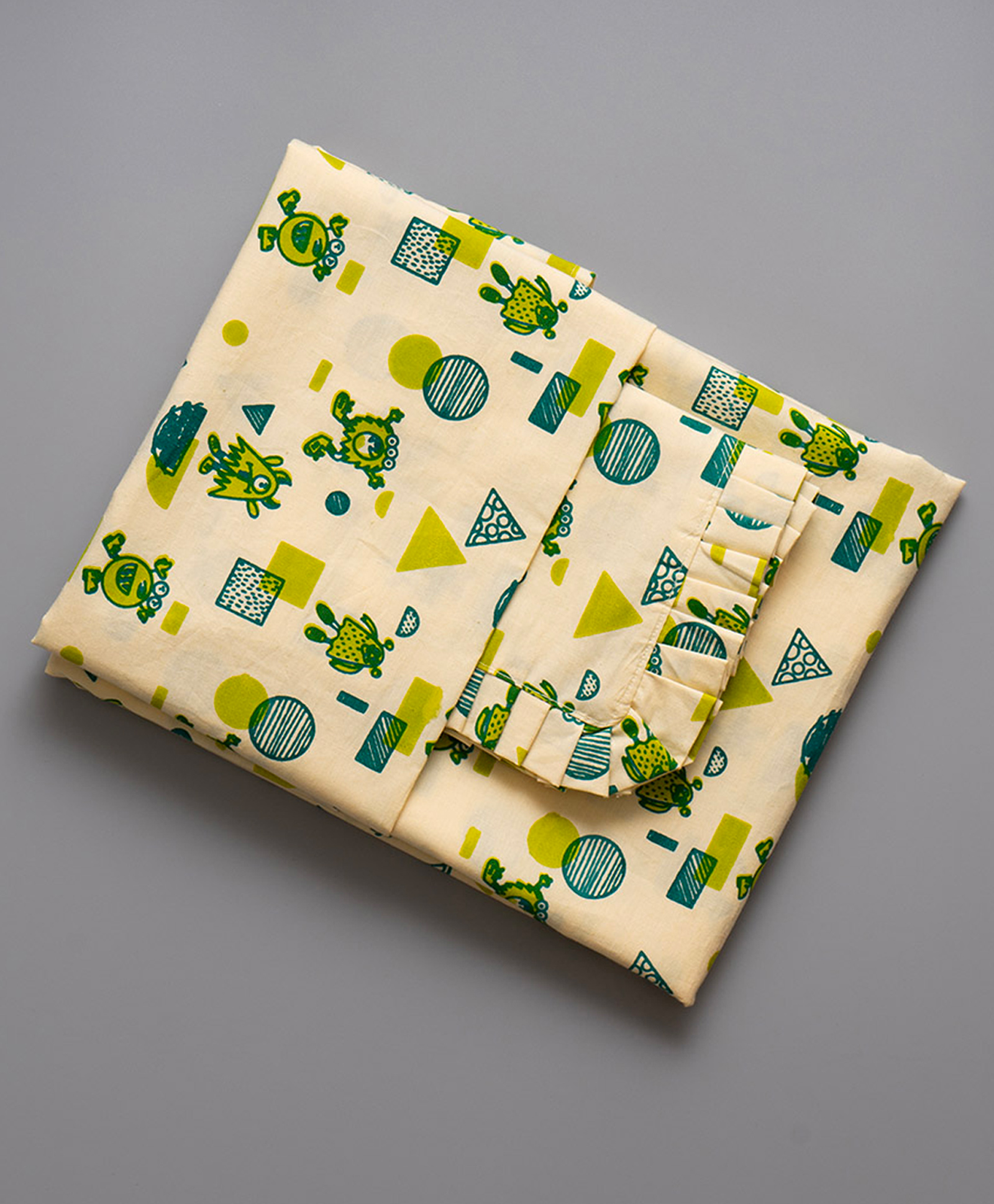 Gudgoodie 100% Cotton Percale Flat Cot Bedsheet with Pillow Cover Mischievous Monsters Theme - Green Yellow-image-16