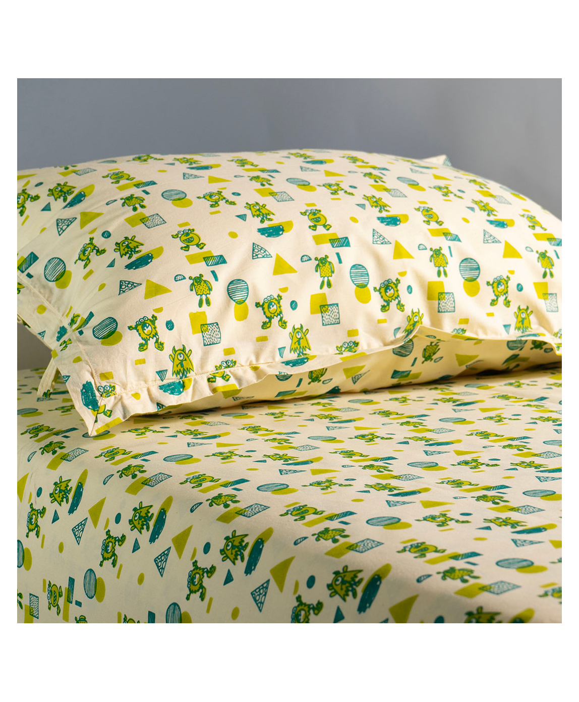 Gudgoodie 100% Cotton Percale Flat Kids Bedsheet with Pillow Cover for Single Bed Mischievous Monsters Theme - Green Yellow-image-23