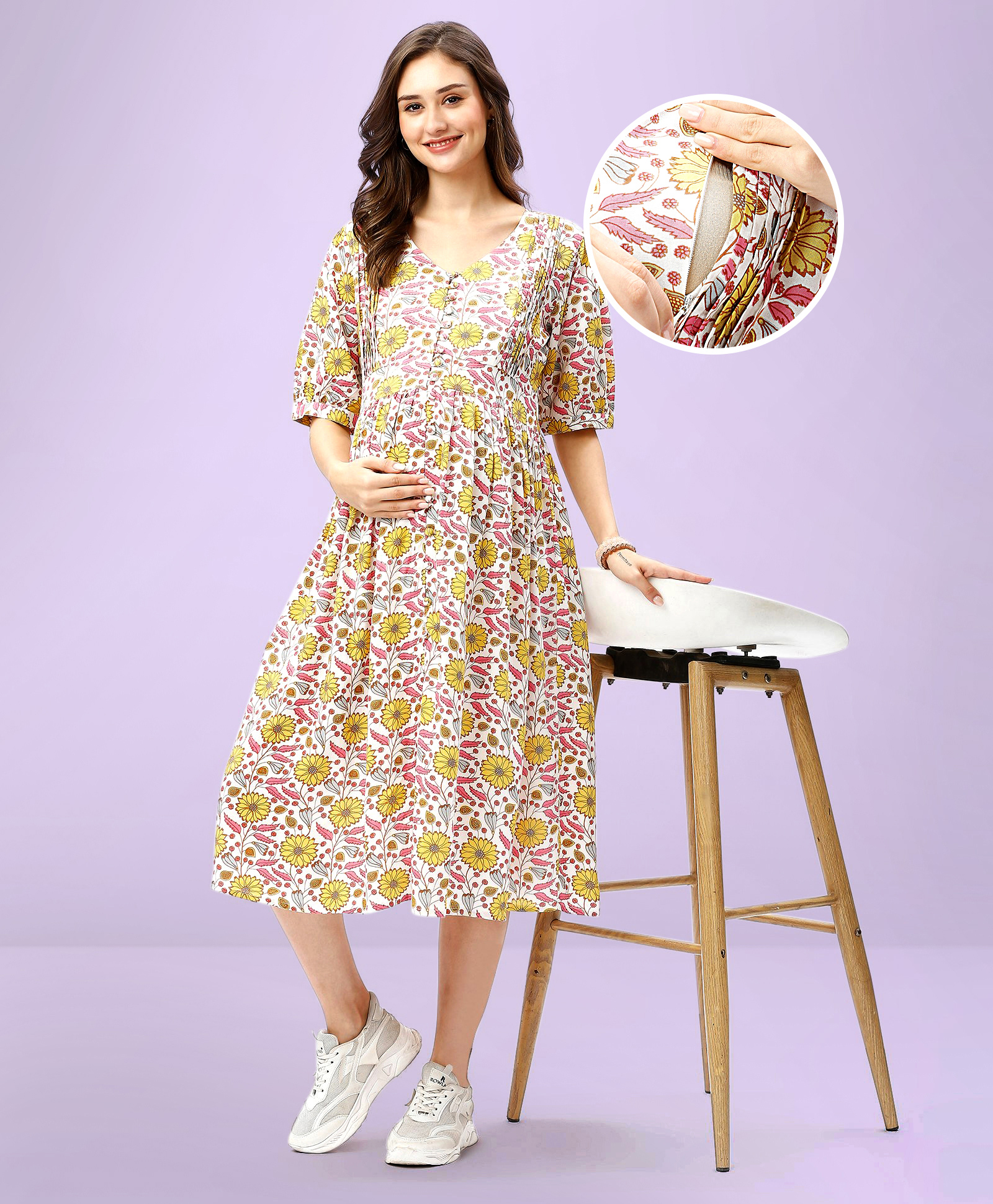 Bella Mama Woven  Half Sleeves Floral Printed Maternity Dress - White-picture-10