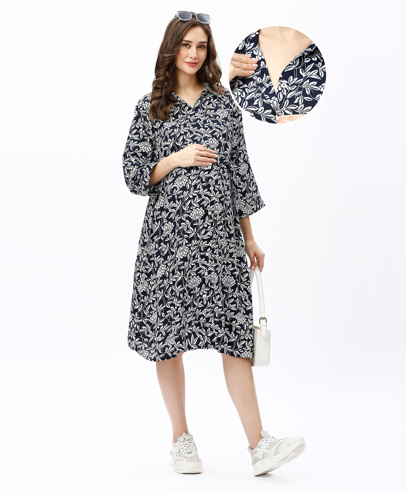 Bella Mama Woven Three Fourth Sleeves Maternity Shirt Dress with Leafy & Floral Print - Navy Blue