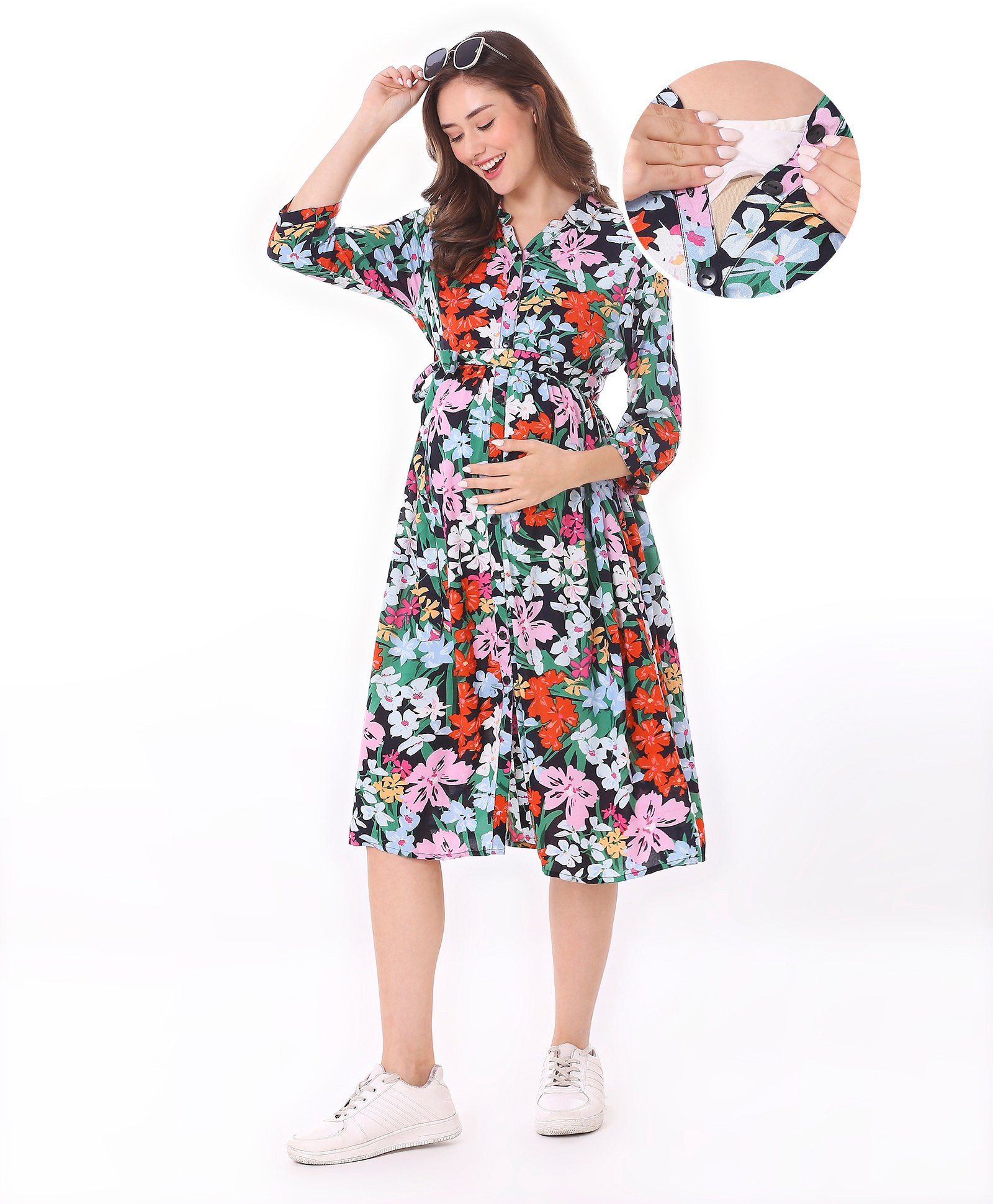 Bella Mama Woven Three Fourth Sleeves Maternity Shirt Style Dress with Floral Print - Multicolour-image-40