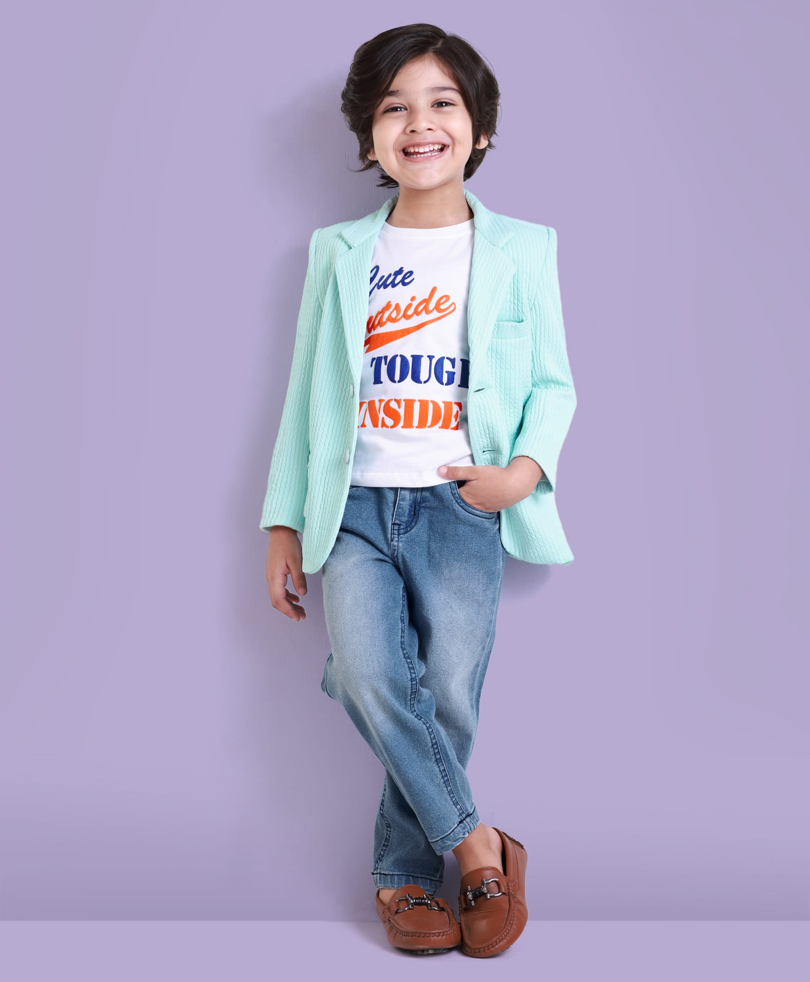 Babyhug Woven Full Sleeves Text Printed T-Shirt & Jeans Set with Blazer - Turquoise-picture-25