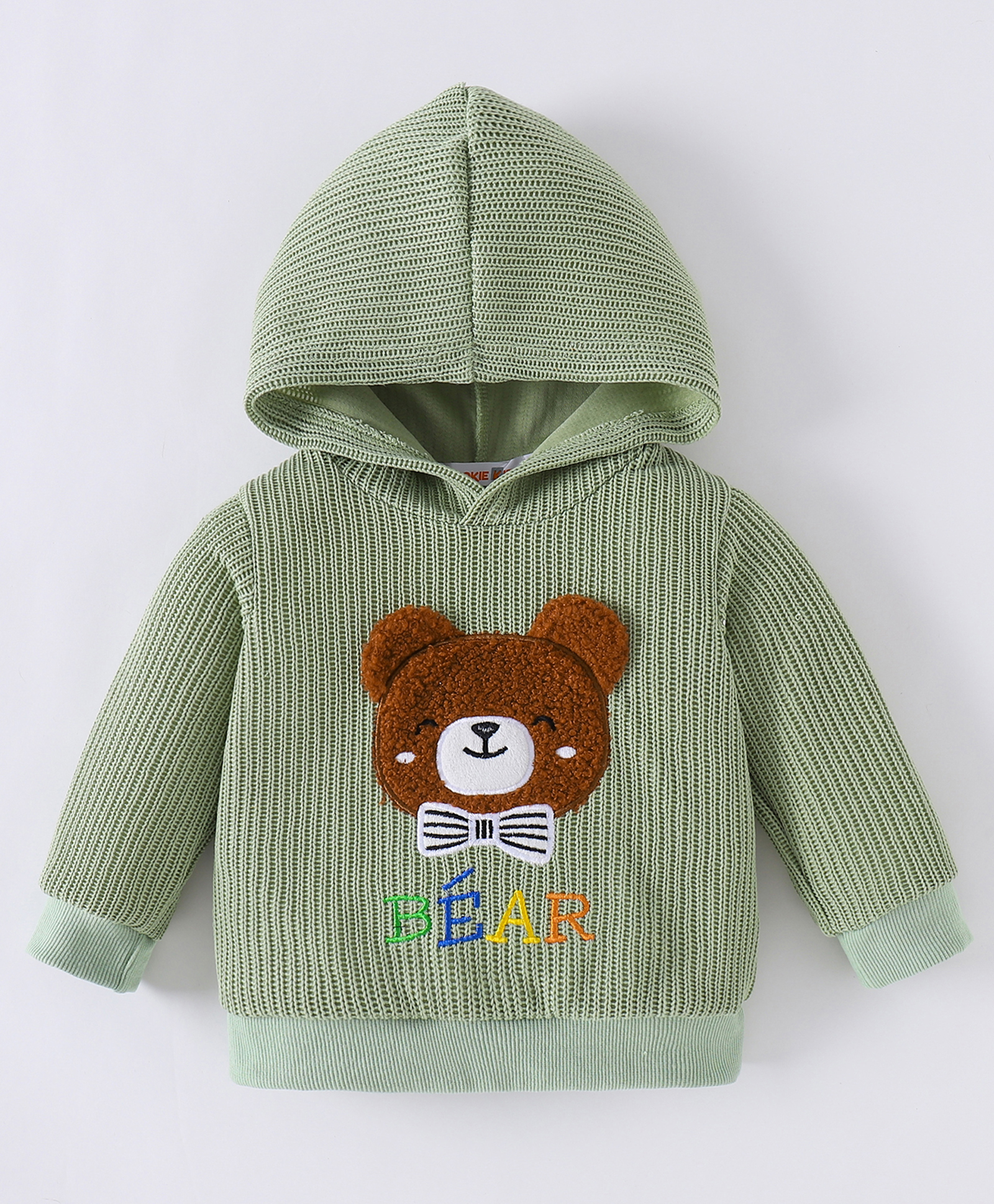 Kookie Kids Full Sleeves Hooded Sweatjacket with Bear Embroidery - Olive Green-image-16