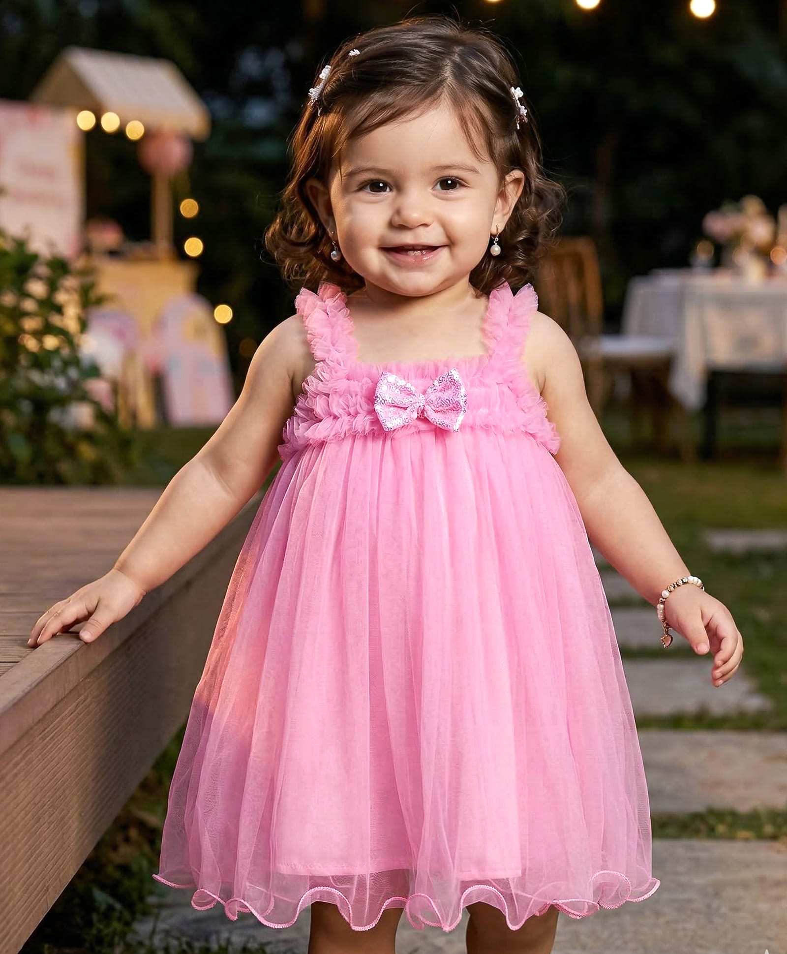 Babyhug Woven Sleeveless A Line Dress With Corsage & Bow Detailing - Pink-image-23