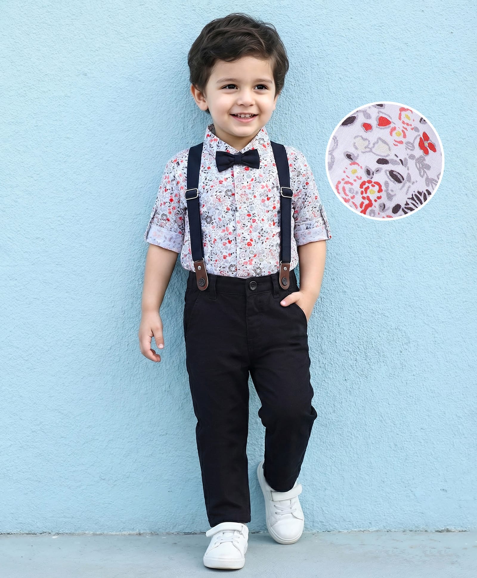 Mark & Mia Full Sleeves Floral Printed Shirt & Trouser Set with Bow & Suspender - White & Black