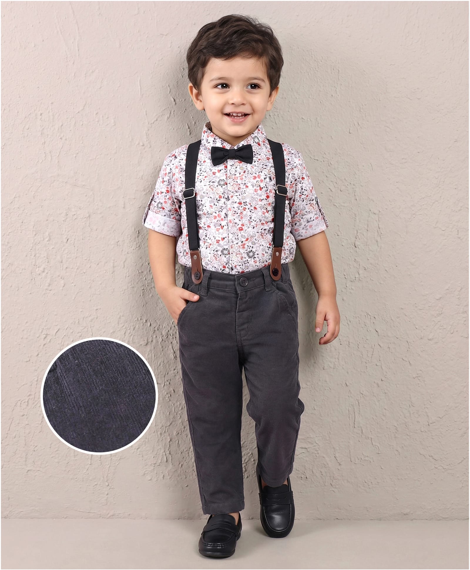 Mark & Mia Full Sleeves Floral Printed Shirt & Trouser Set with Bow & Suspender - White & Black-image-42