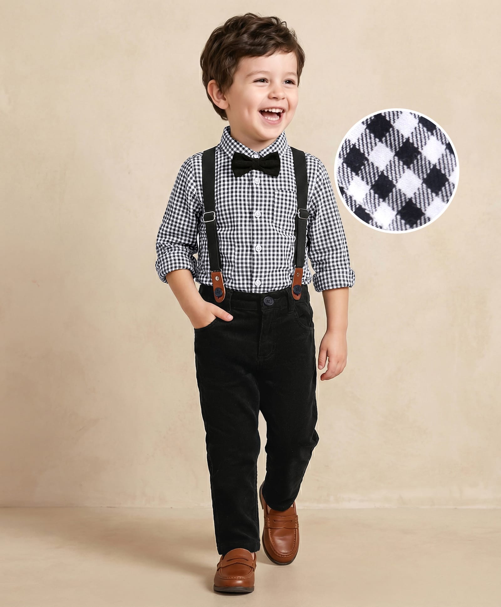 Mark & Mia Full Sleeves Checkered Shirt & Trouser Set with Bow & Suspender - Black & White-picture-18