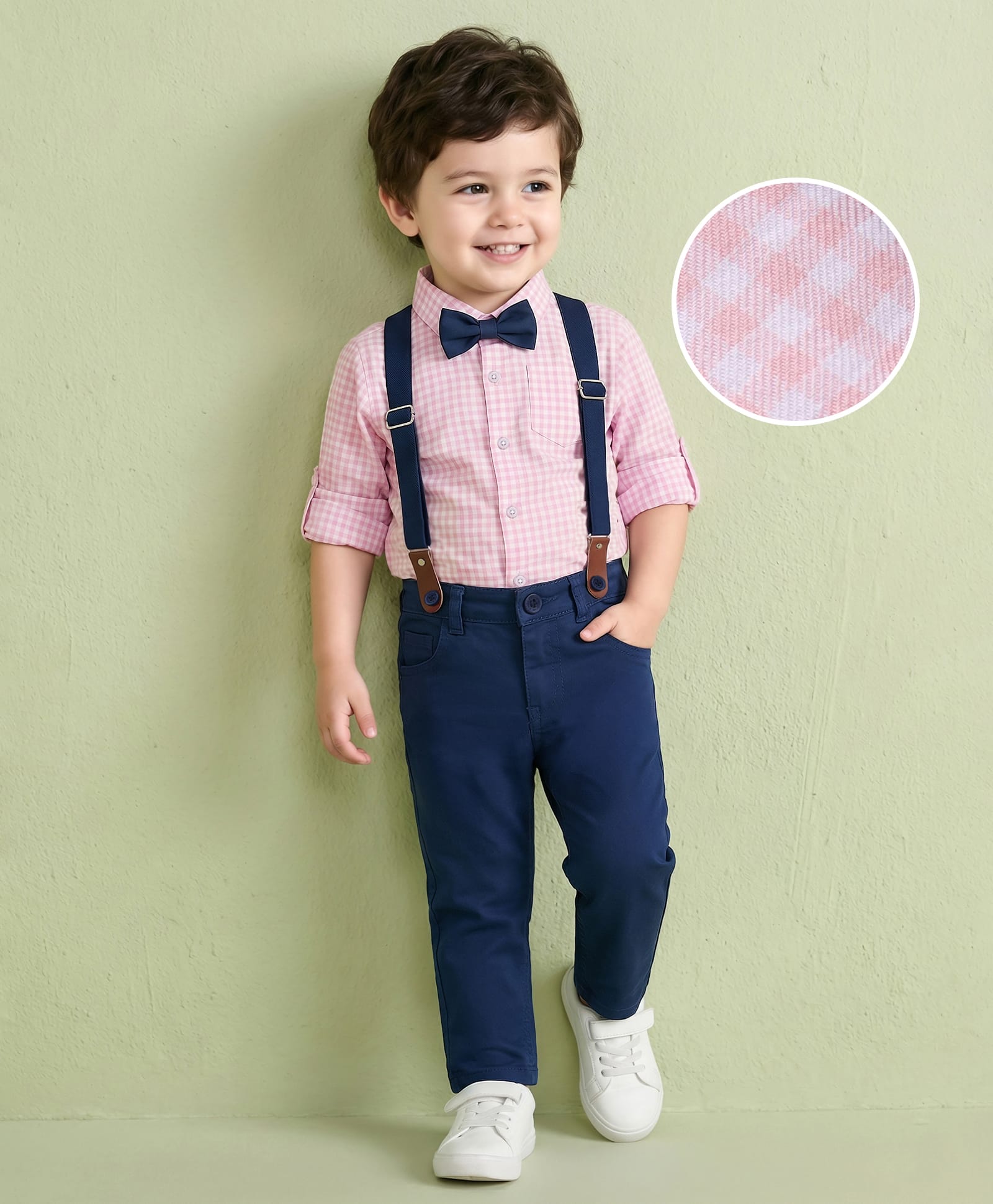 Mark & Mia Full Sleeves Checkered Shirt & Trouser Set with Bow & Suspender - Pink-picture-15
