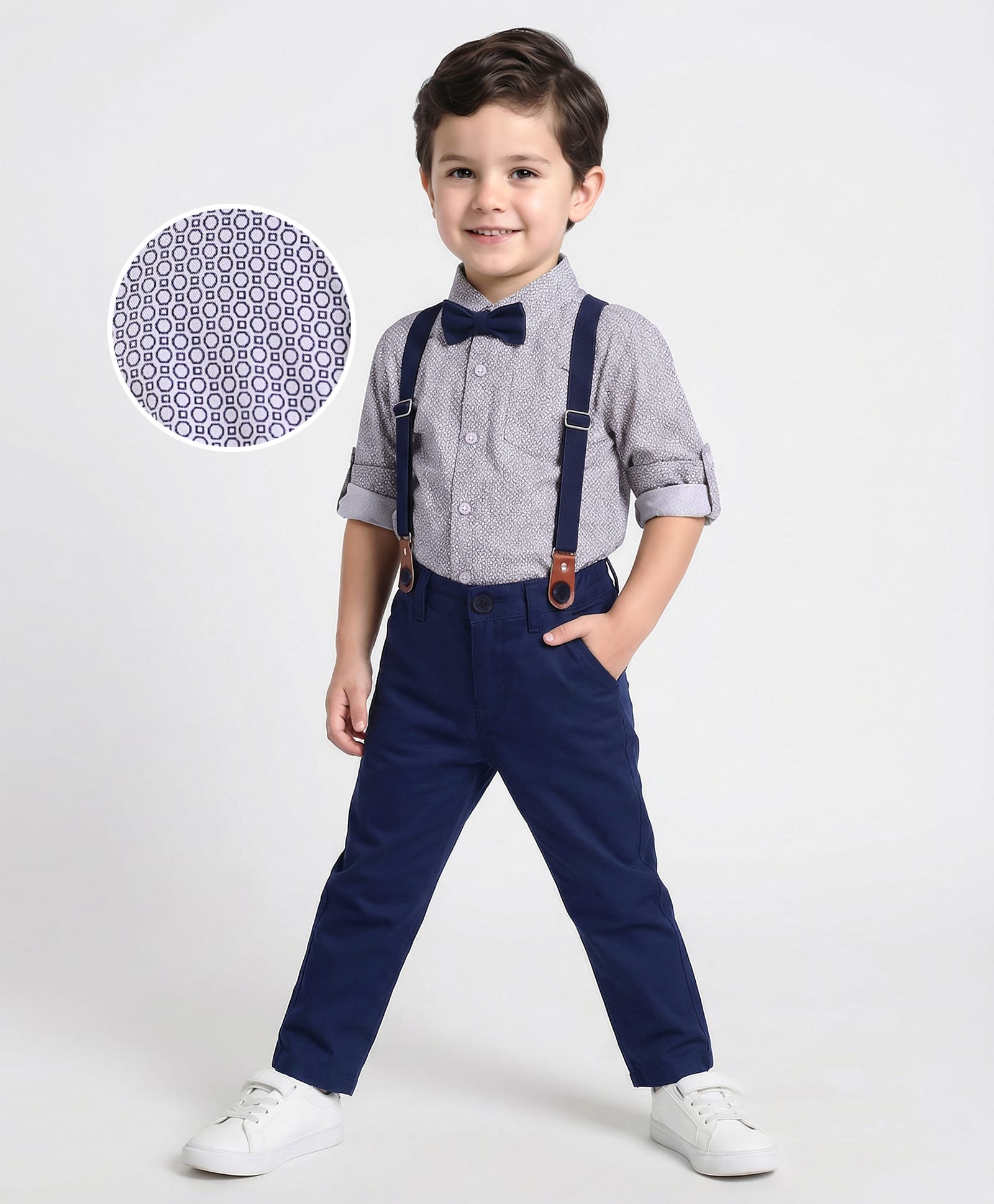 Mark & Mia Full Sleeves Printed Shirt & Trouser Set with Bow & Suspender  - Navy Blue-picture-20
