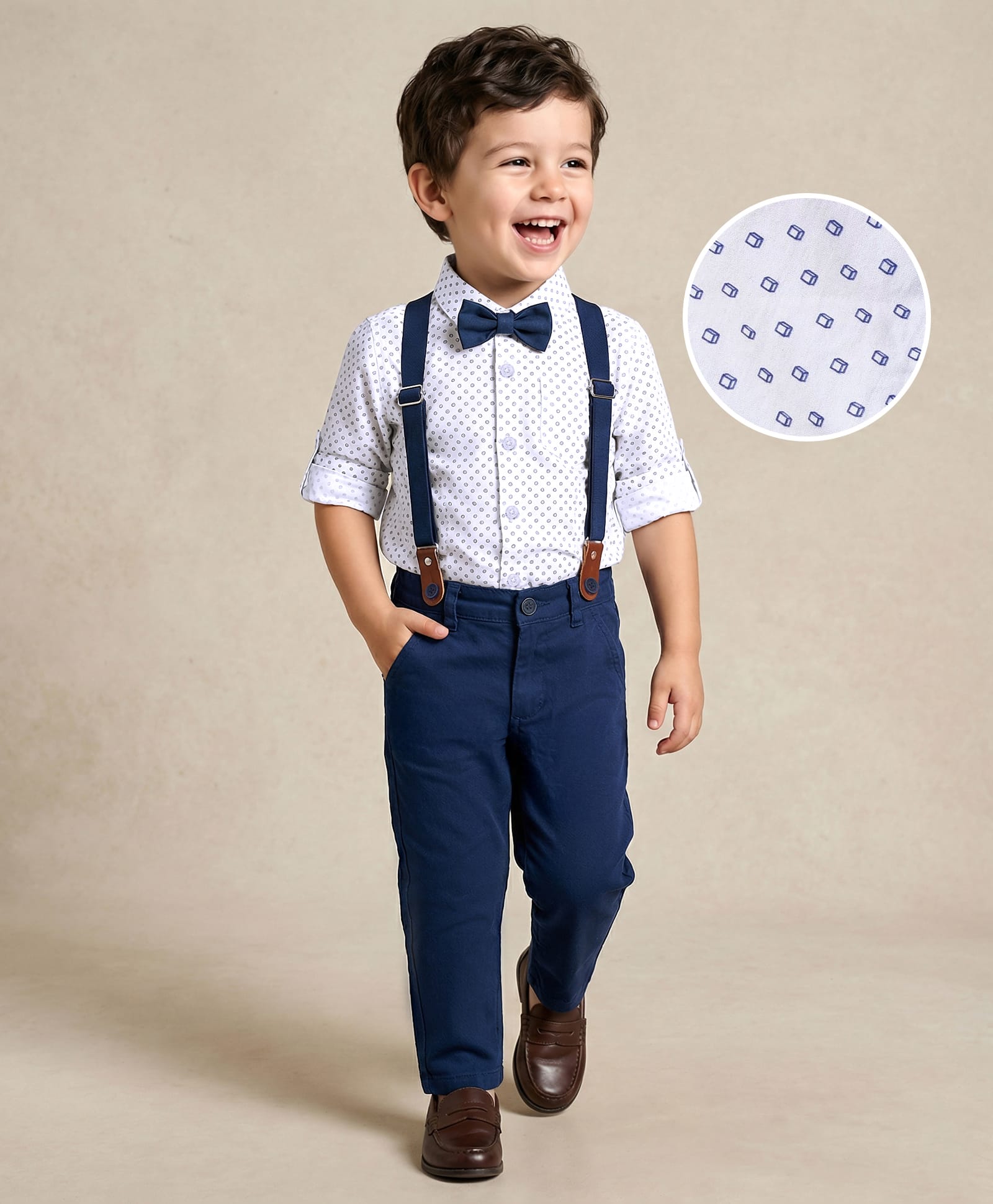 Mark & Mia Full Sleeves Printed Shirt & Trouser Set with Bow & Suspender - Navy Blue & White-picture-13