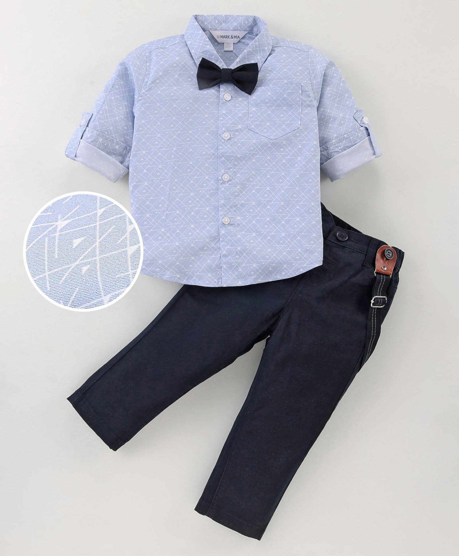 Mark & Mia Full Sleeves Geometric Printed Shirt & Trouser Set with Bow & Suspender - Light Blue & Navy-image-42