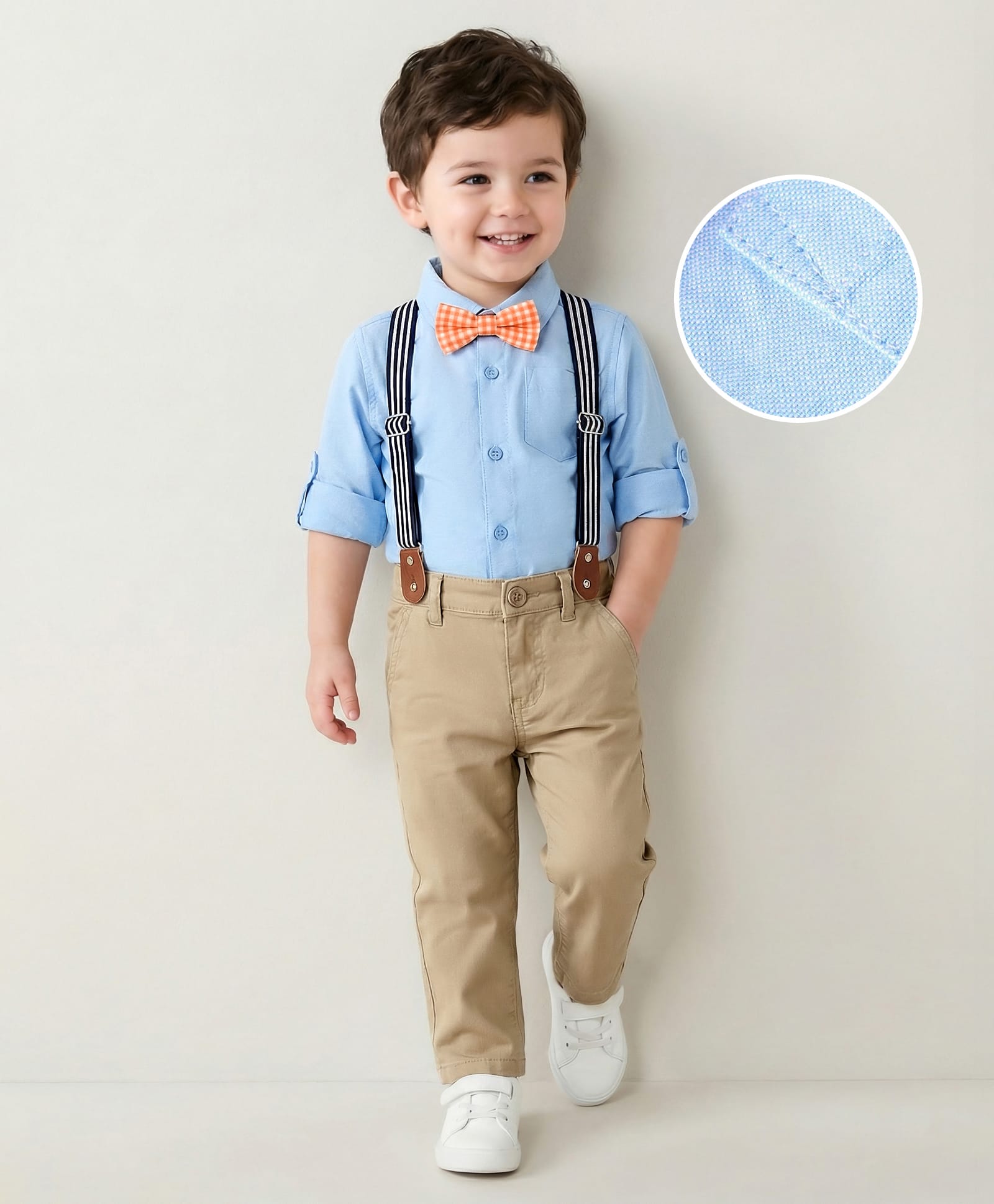 Mark & Mia Full Sleeves Shirt & Trousers Set With Suspender & Bow Detailing - Light Blue & Tan-picture-10