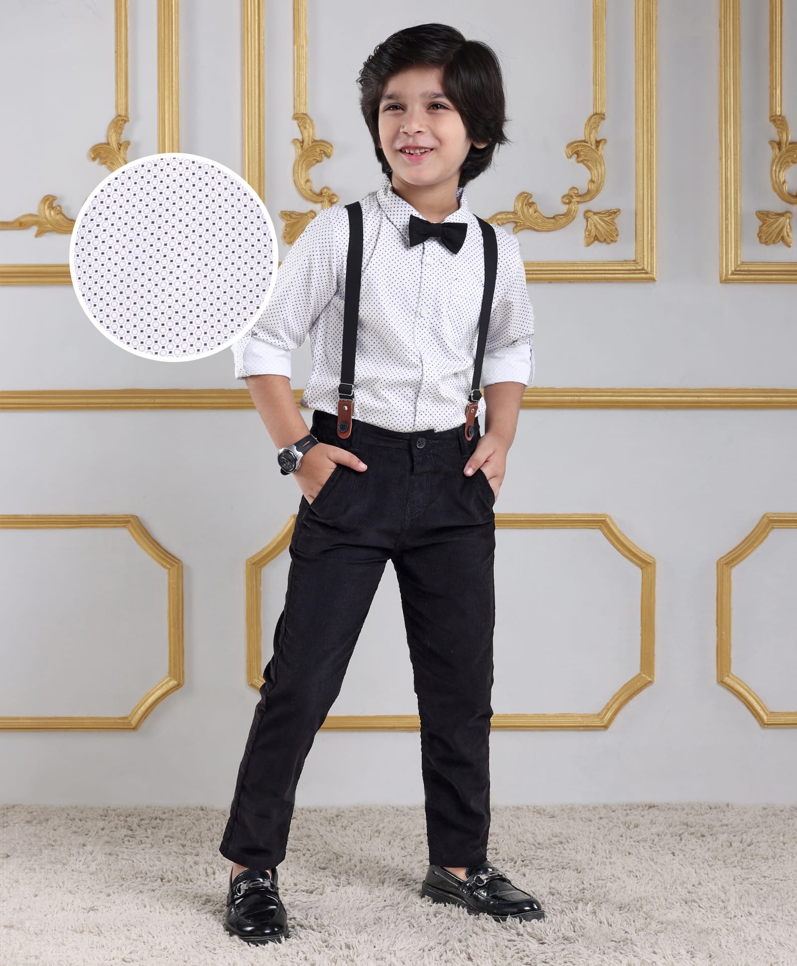 Mark & Mia Full Sleeves Polka Dots Printed Shirt & Trouser Set with Bow & Suspender - Blue & White-image-37