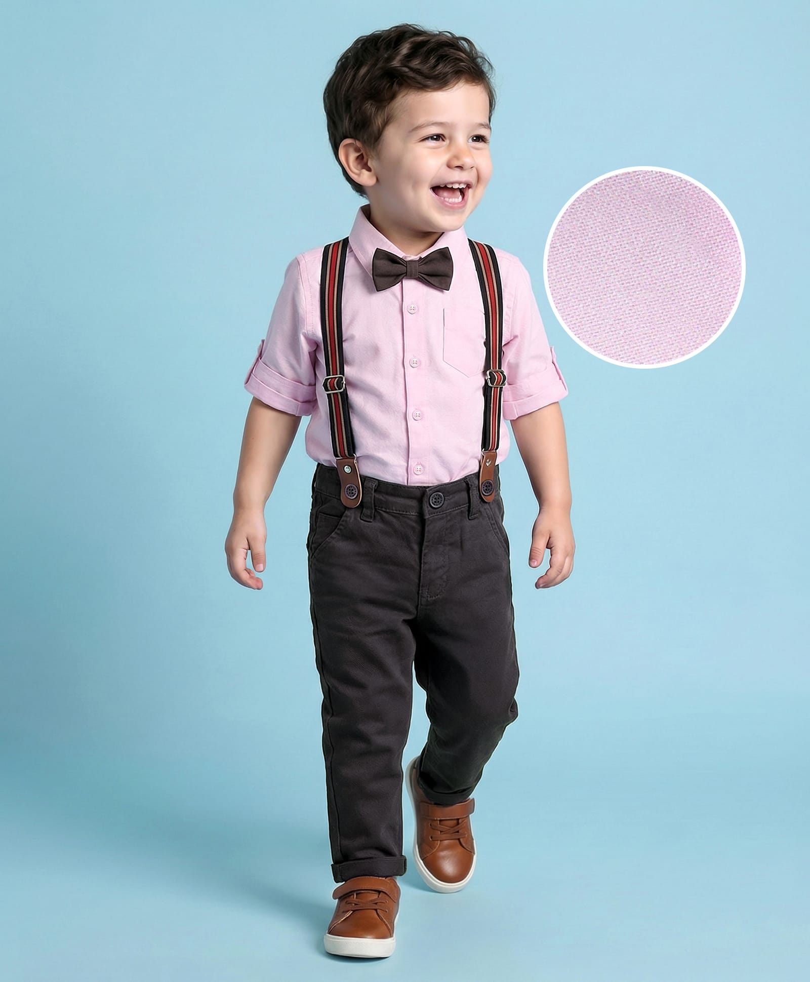 Mark & Mia Cotton Woven Full Sleeves Solid Colour Party Shirt & Trouser With Bow & Suspender - Light Pink-picture-26