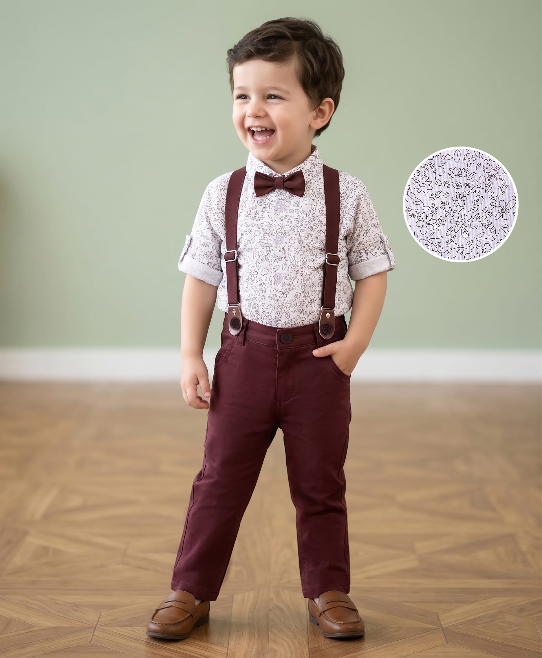 Mark & Mia Full Sleeves Floral Printed Shirt & Trouser Set with Bow & Suspender - Maroon & White-picture-26