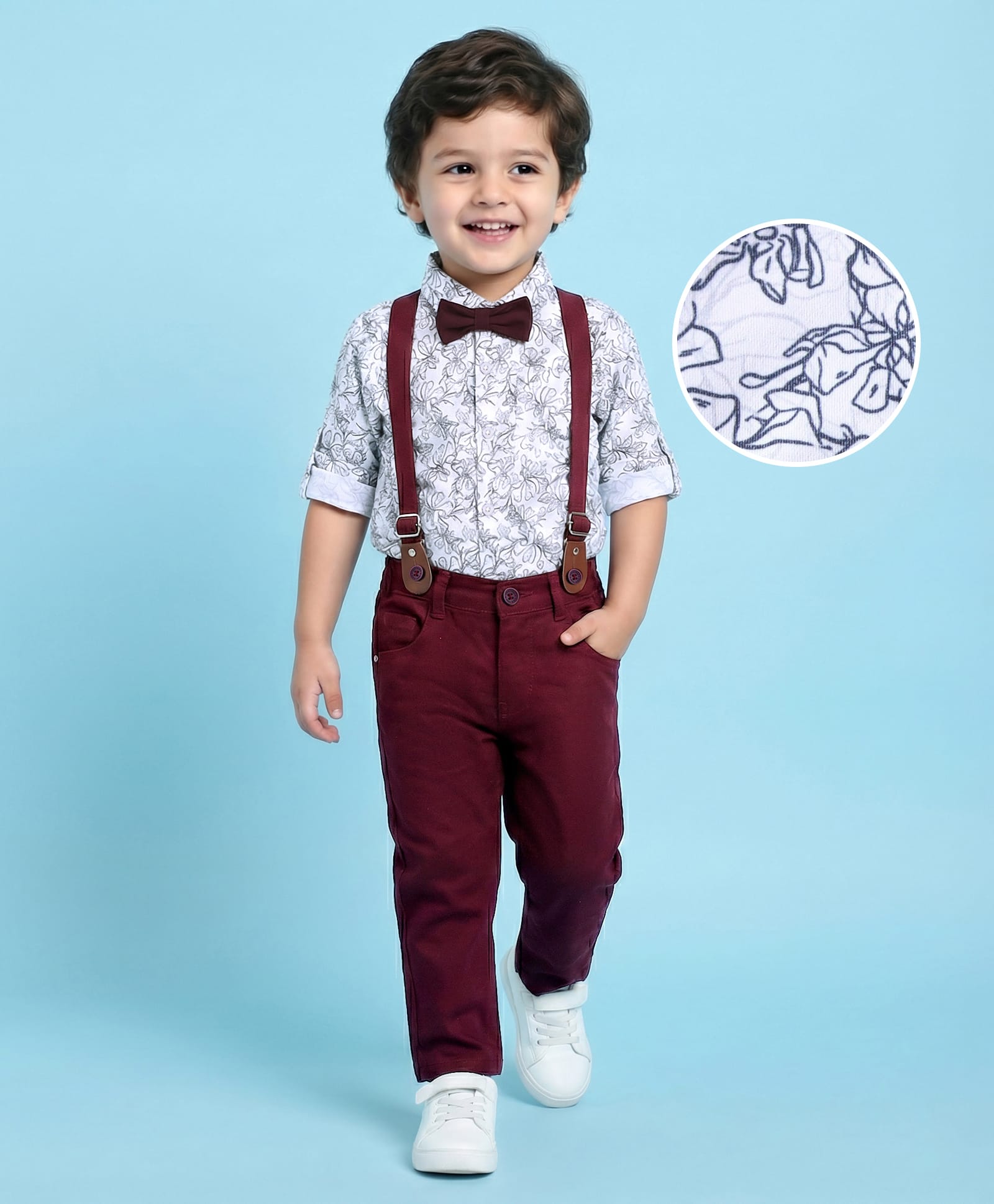 Mark & Mia Full Sleeves Floral Printed Shirt & Trouser Set with Bow & Suspender - White & Maroon-picture-27