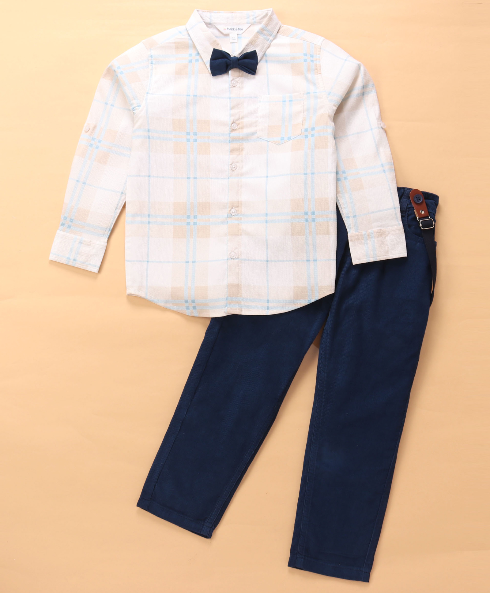 Mark & Mia Full Sleeves Checkered Party Shirt & Trouser Set with Bow & Suspender - White & Blue-picture-14