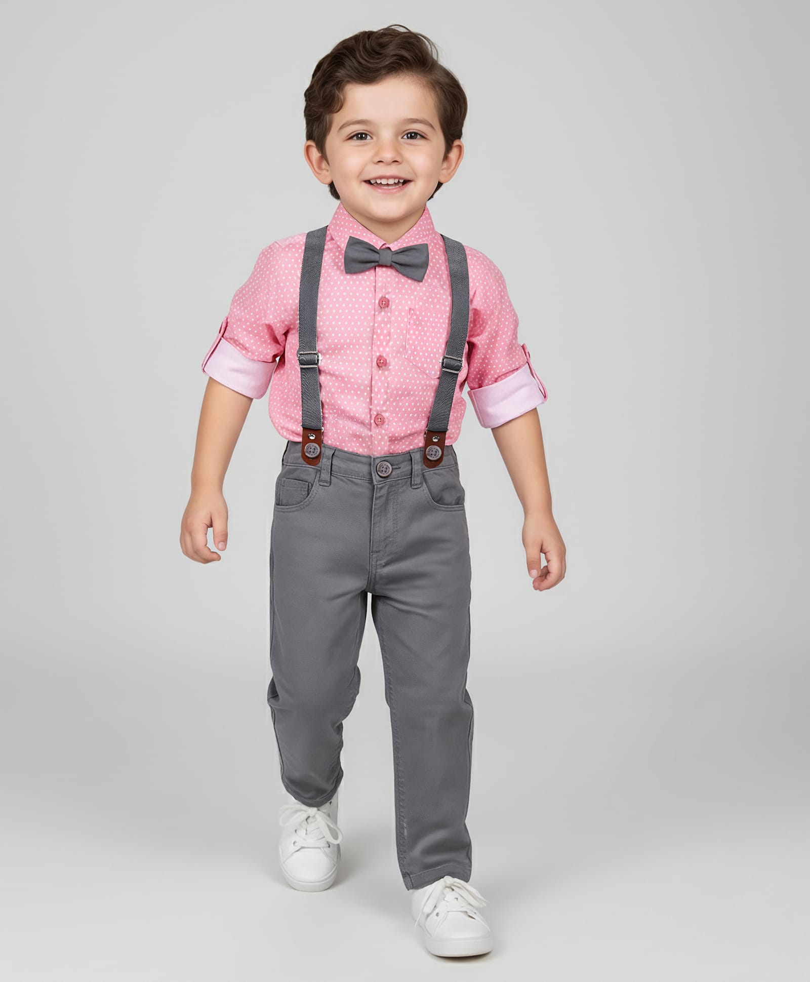 Mark & Mia Full Sleeves Printed Shirt & Trouser Set with Bow & Suspender -  Pink & Grey-picture-29