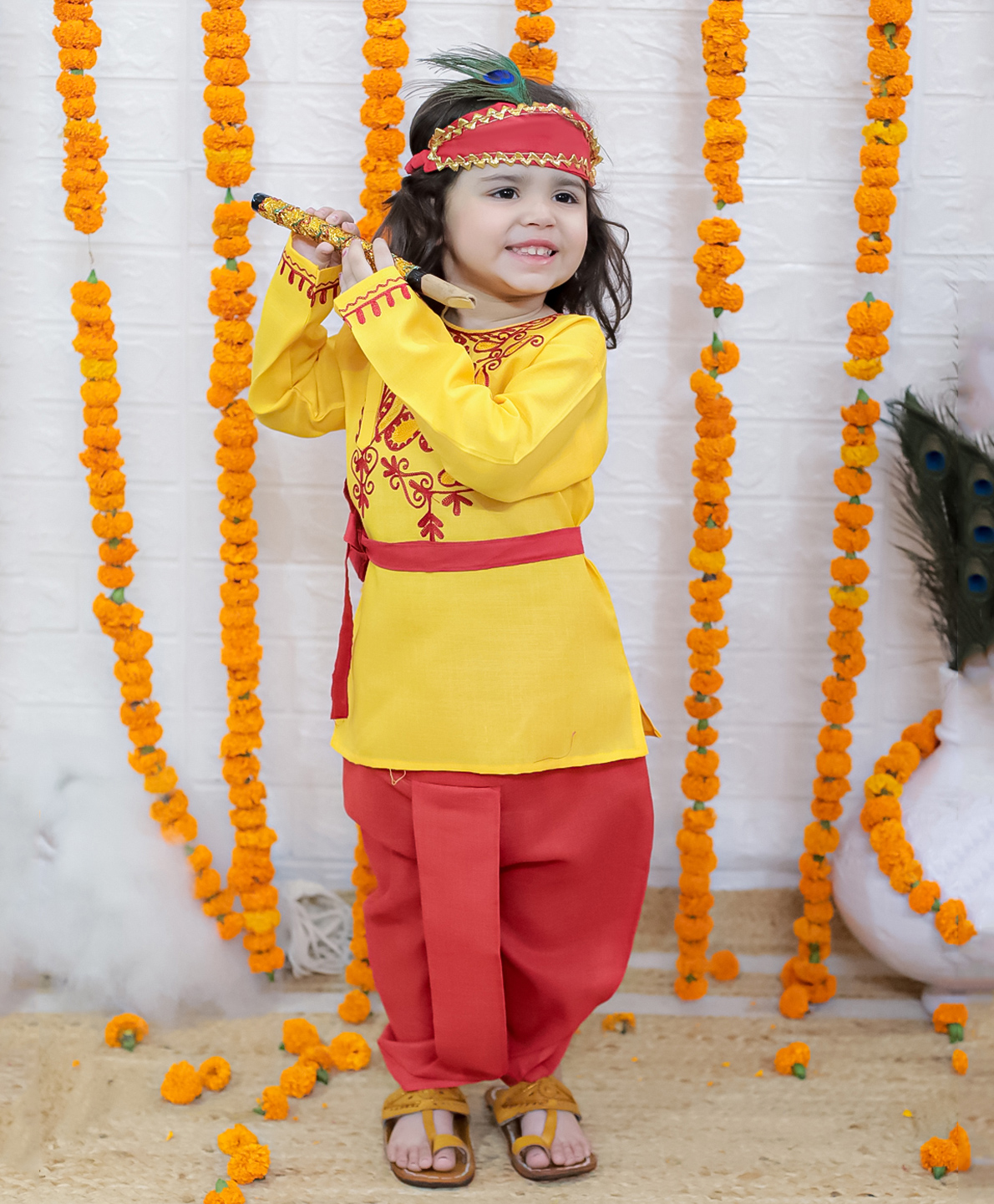 BownBee Cotton Full Sleeves Paisley Embroidered Janmashtami Theme Krishna Costume Set - Yellow-picture-21