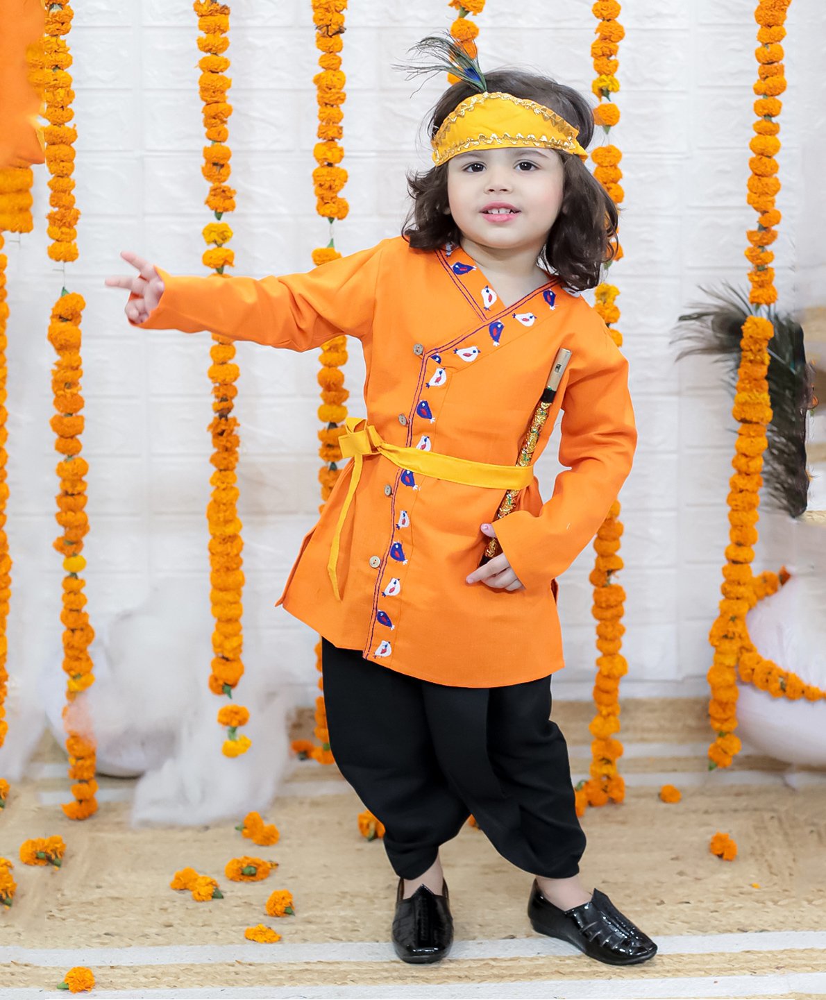 BownBee Cotton Full Sleeves Paisley Embroidered Janmashtami Theme Krishna Costume Set - Orange-picture-23