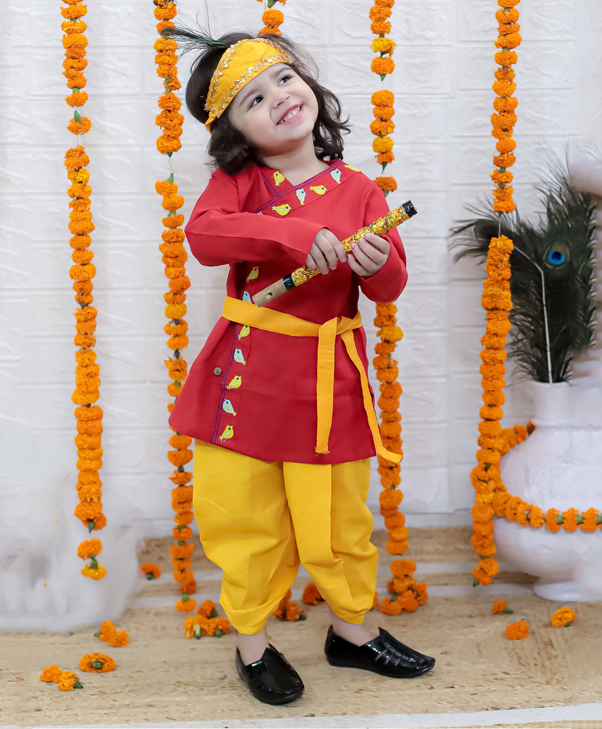 BownBee Cotton Full Sleeves Birds Embroidered Janmashtami Krishna Theme Costume Set - Red-picture-24