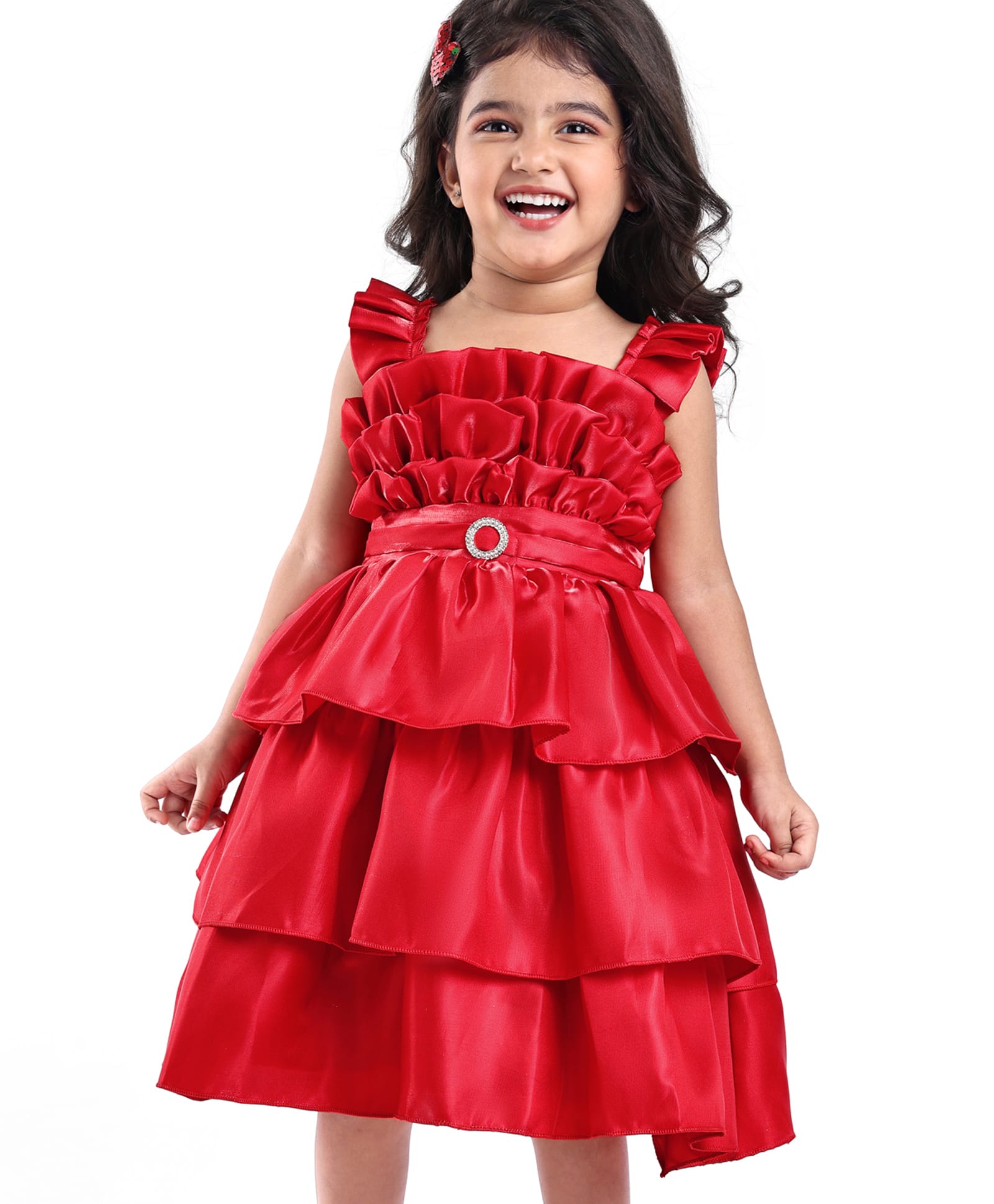 Babyhug Woven Sleeveless Layered Party Frock With Frill Detailing - Red-picture-11