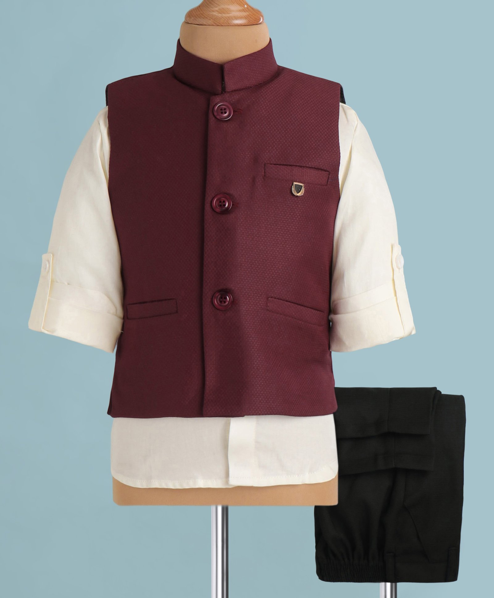 Robo Fry Woven Full Sleeves Solid Colour 3 Piece Party Suit with Waist Coat - Maroon-picture-20