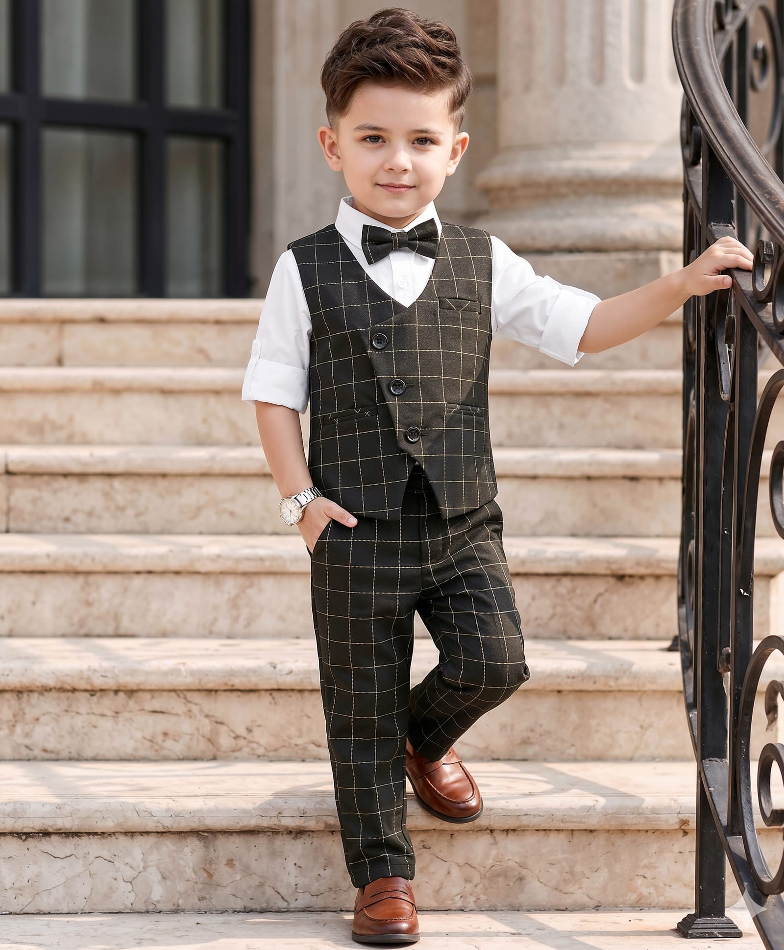Robo Fry Woven Full Sleeves Checks 3 Piece Party Suit With Bow - Black & White-picture-11