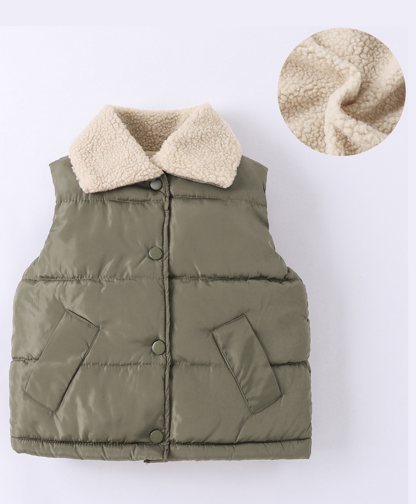 Kookie Kids Sleeveless Padded Winter Jacket With Far Collar Neck - Olive Green-image-16