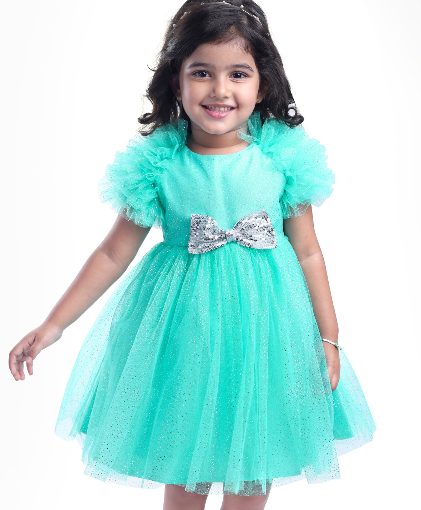 Babyhug Woven Ruffled Sleeves Rhinestone Embellished Party Dress with Bow Applique & Sequin - Sea Green-picture-11