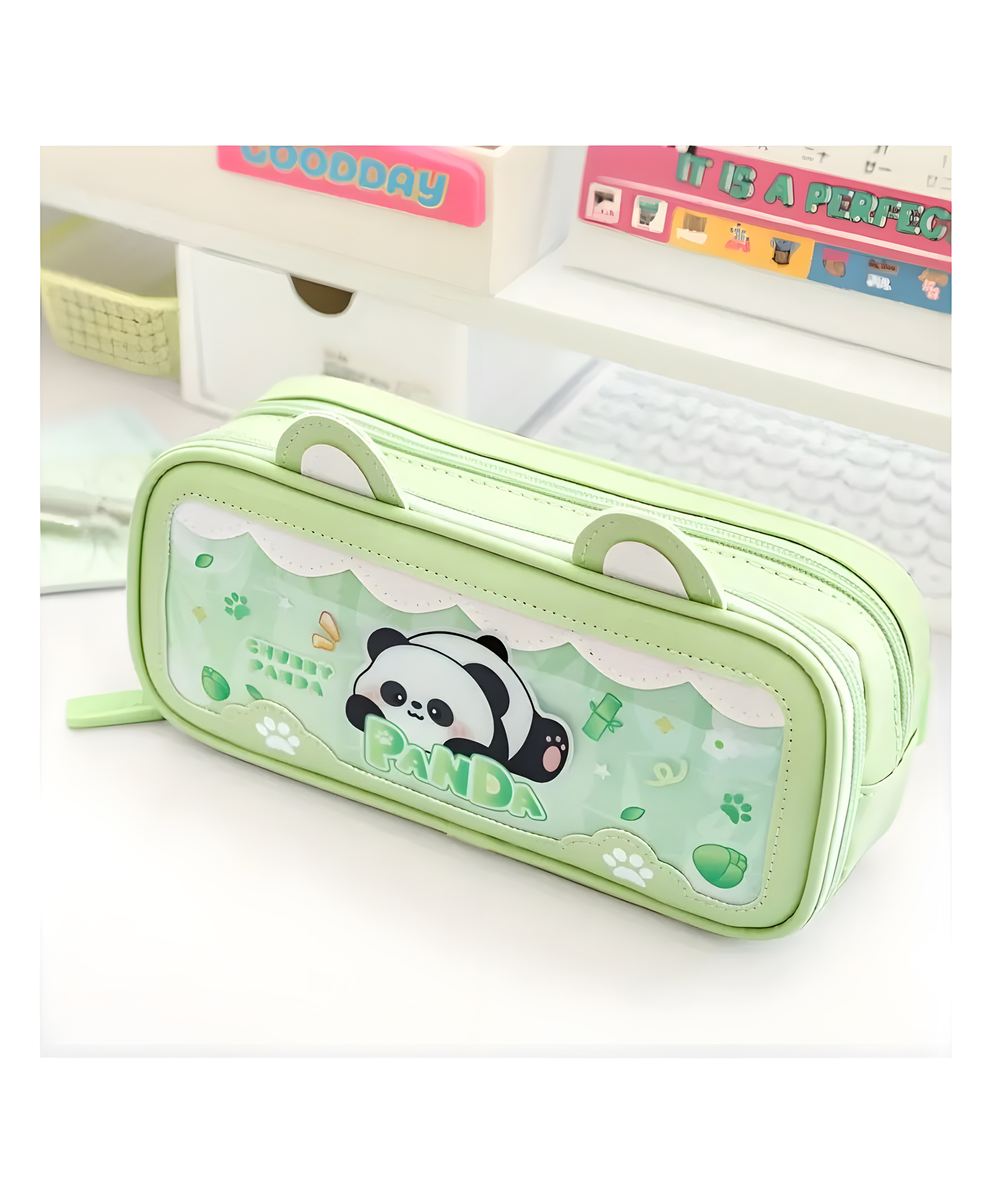YAMAMA Cute Panda Double Compartment PVC Waterproof Durable 3D Large Capacity Pencil Pouch Pencil Case - Green-image-24