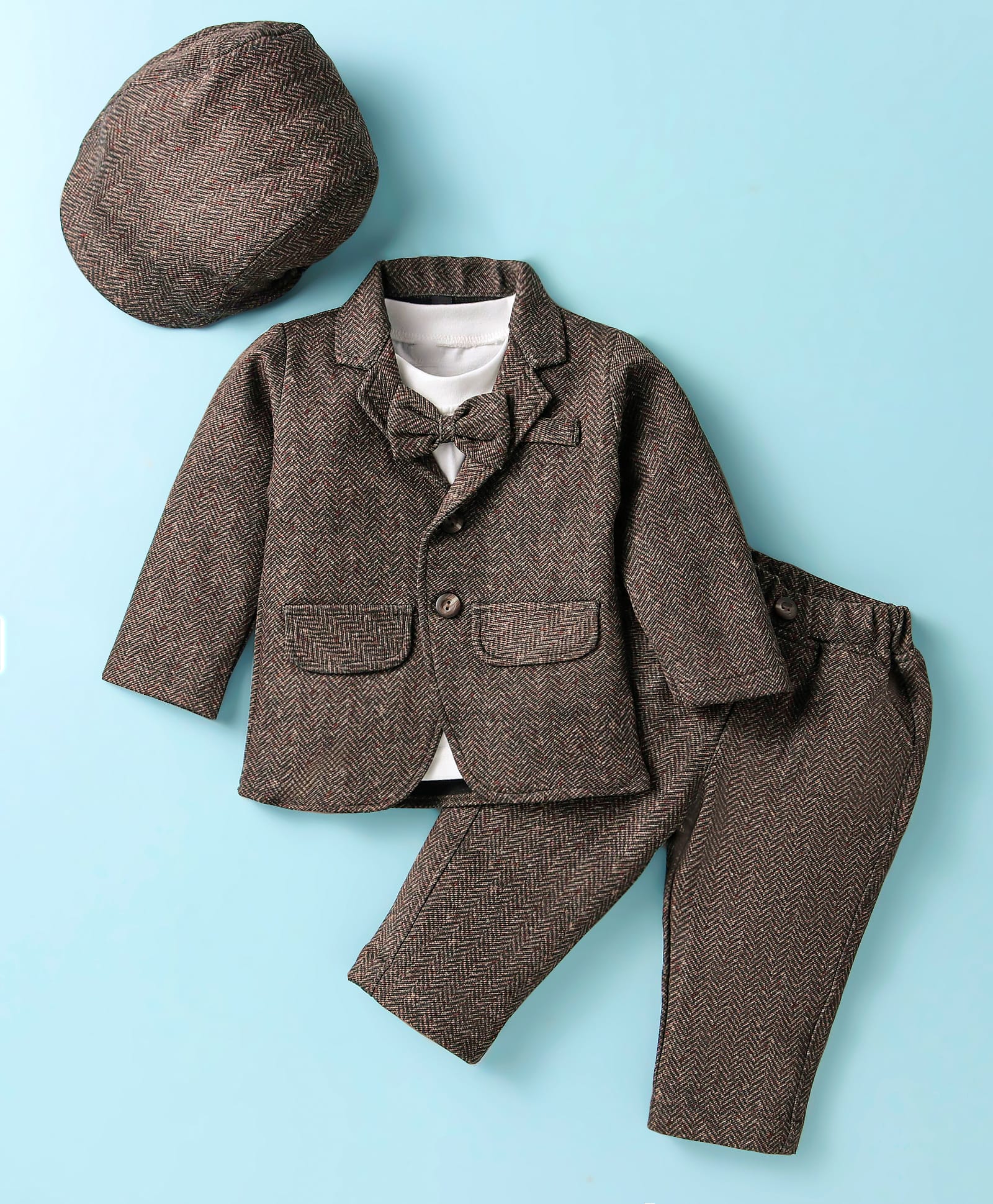 Robo Fry Lycra Knit Full Sleeves Blazer T-Shirt & Trouser With Hat & Attached Bow - Brown-picture-11