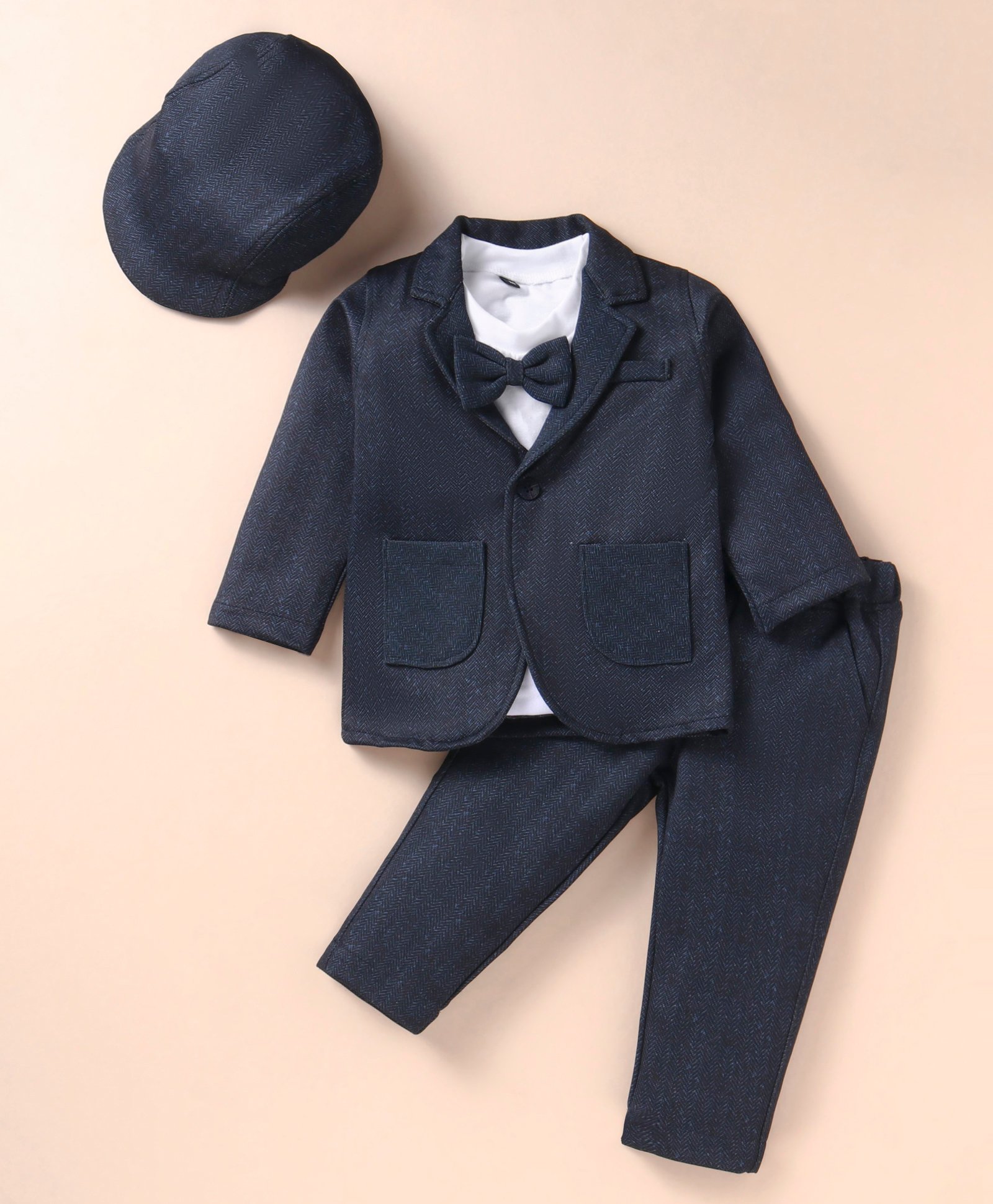 Robo Fry Lycra Knit Full Sleeves Solid Blazer T-Shirt & Trouser Set with Attached Bow & Hat - Charcoal Grey-image-32