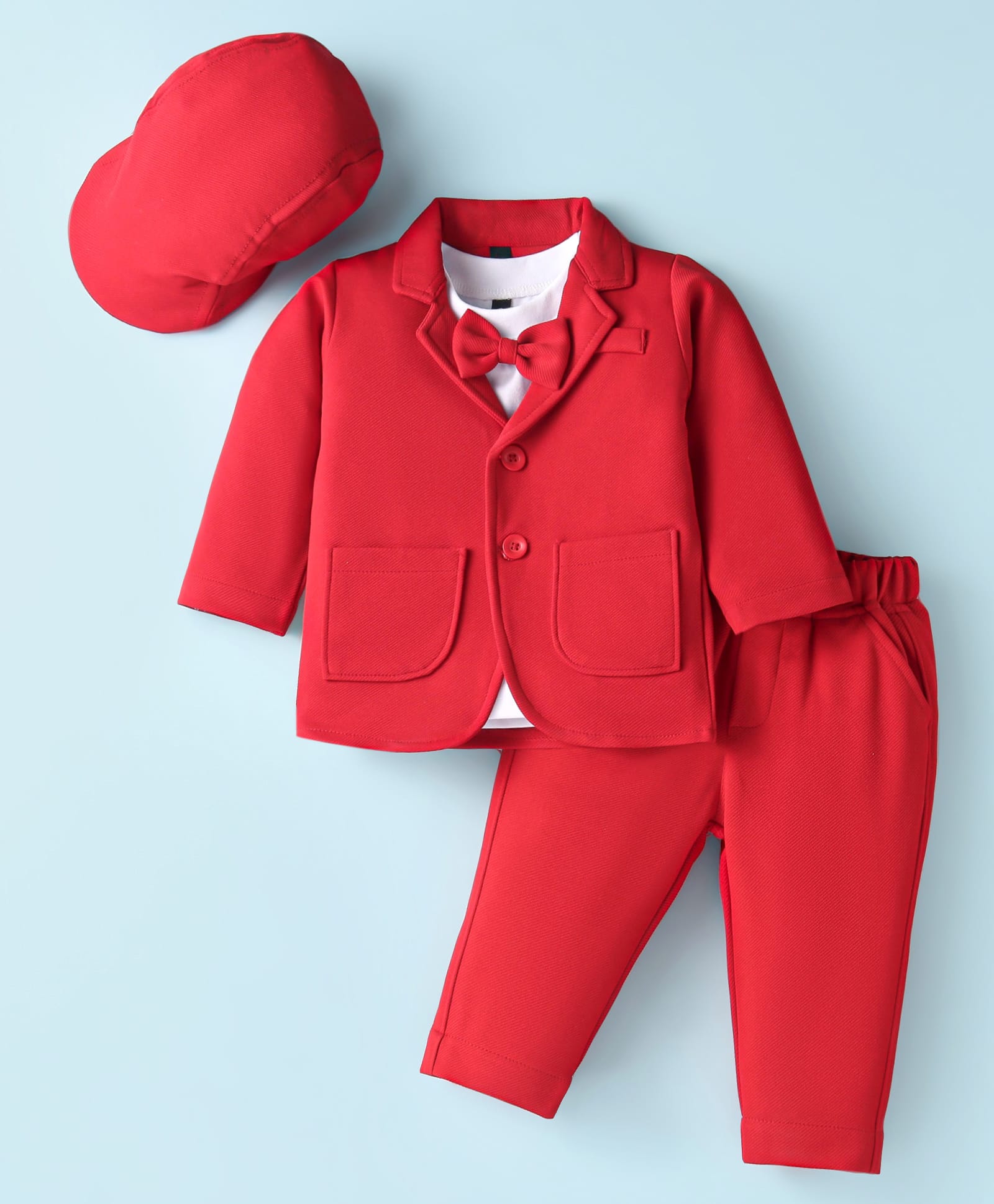 Robo Fry Lycra Knit Full Sleeves Solid Colour Blazer T-Shirt & Trouser Set with Attached Bow - Red-picture-34