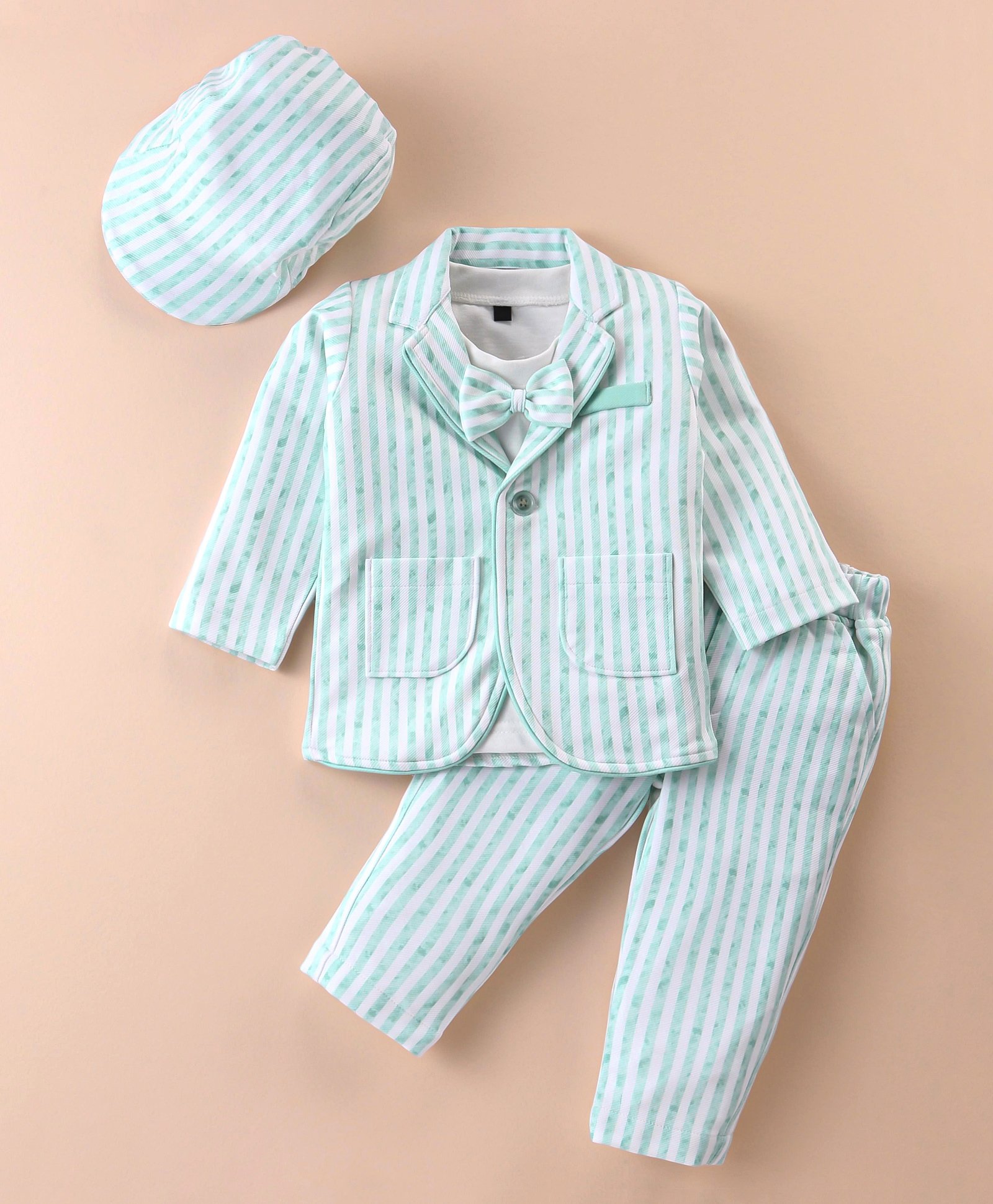 Robo Fry Lycra Knit Full Sleeves Striped T-Shirt & Trouser Set with Hat & Attached Bow - Green-picture-25