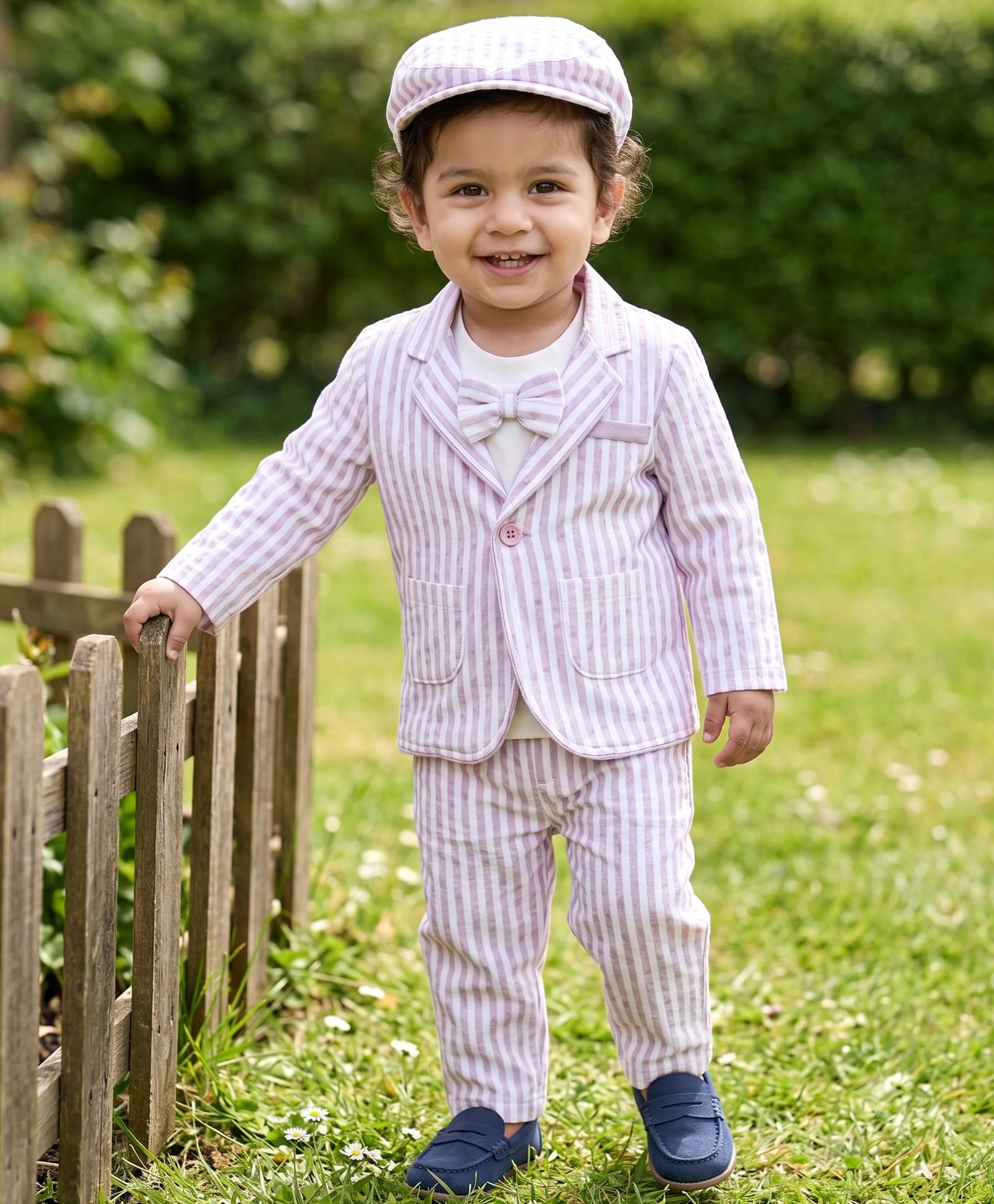 Robo Fry Lycra Knit Full Sleeves Striped T-Shirt & Trouser Set with Hat & Attached Bow - Pink-picture-12