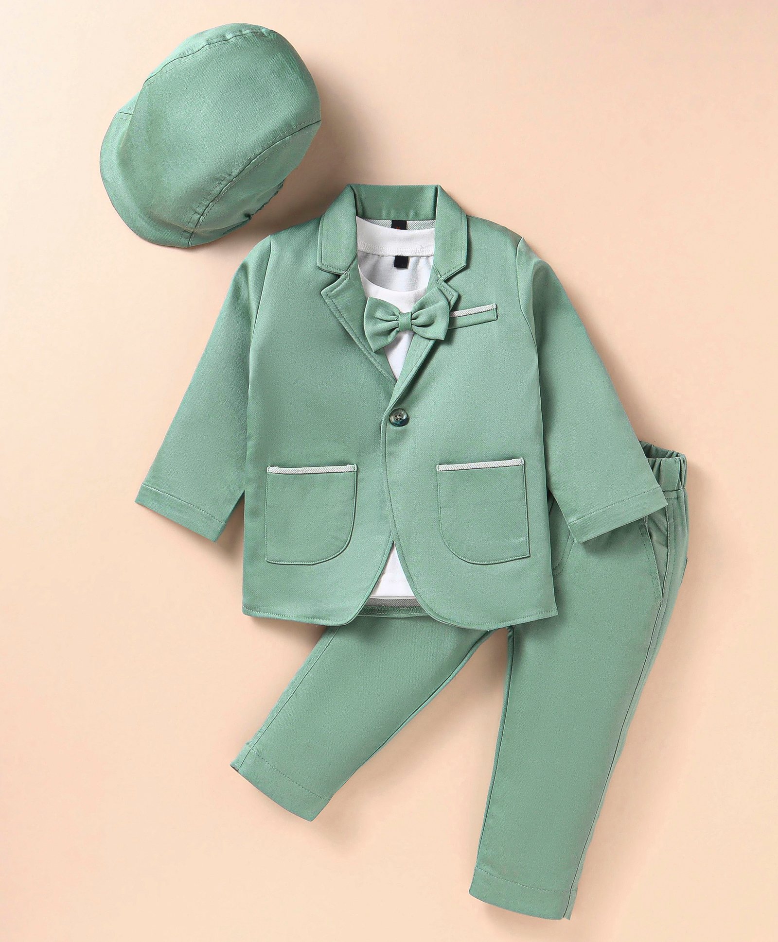 Robo Fry Lycra Knit Full Sleeves Solid Colour Blazer T-Shirt & Trouser Set with Attached Bow & Hat - Teal Blue-picture-4